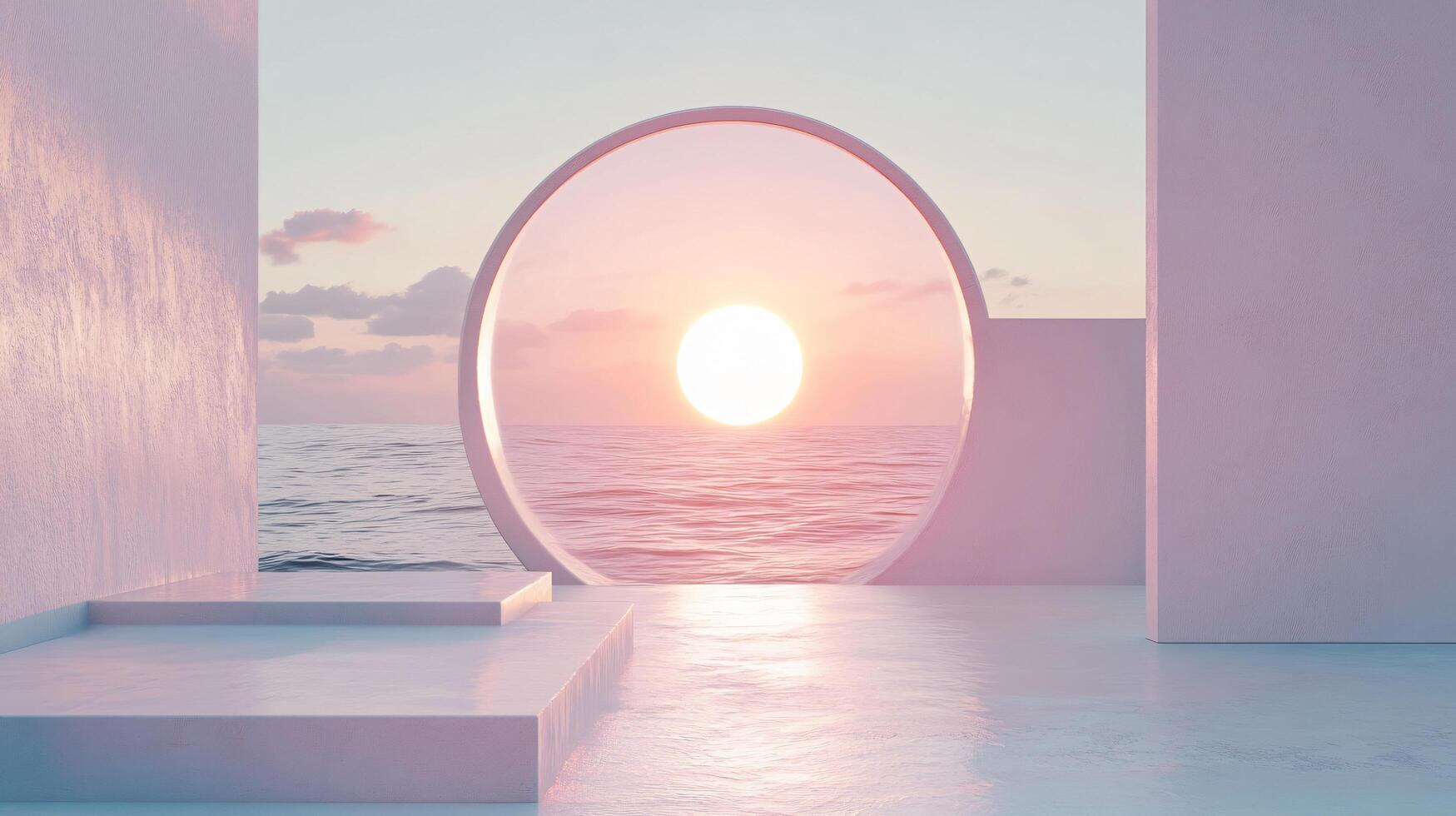 Minimalist pink room with circular window overlooking a beautiful sunset over the ocean photo