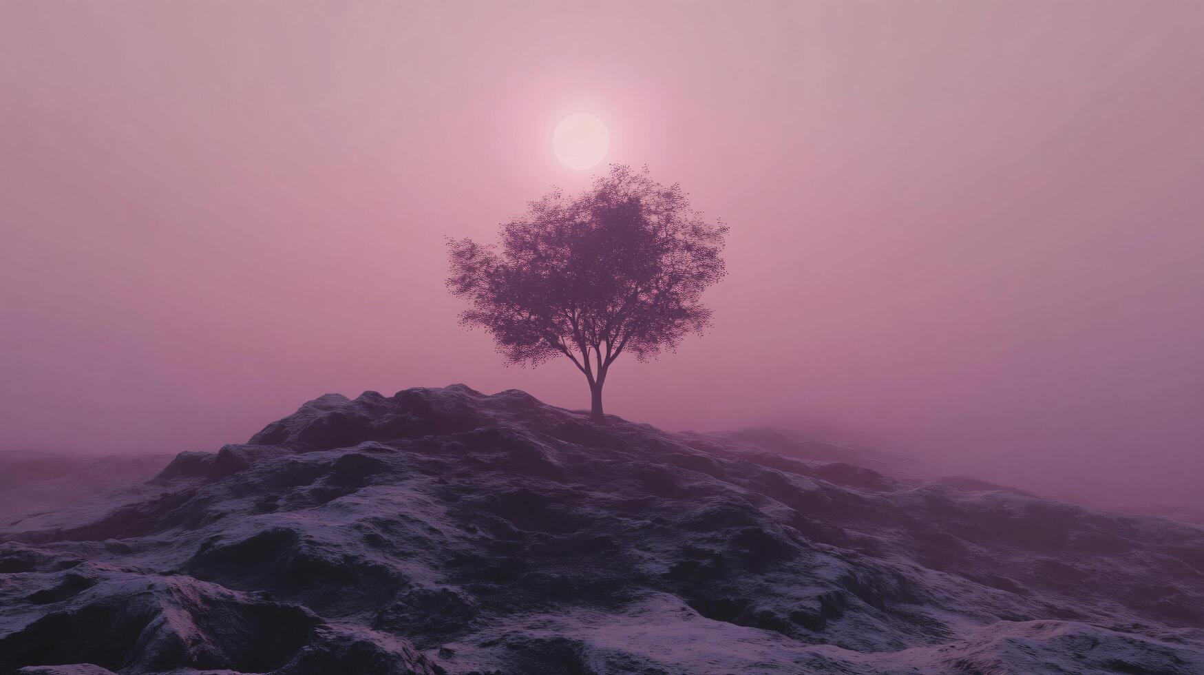 Surreal pink landscape with lonely tree growing on rocky hill in the fog with sun shining photo