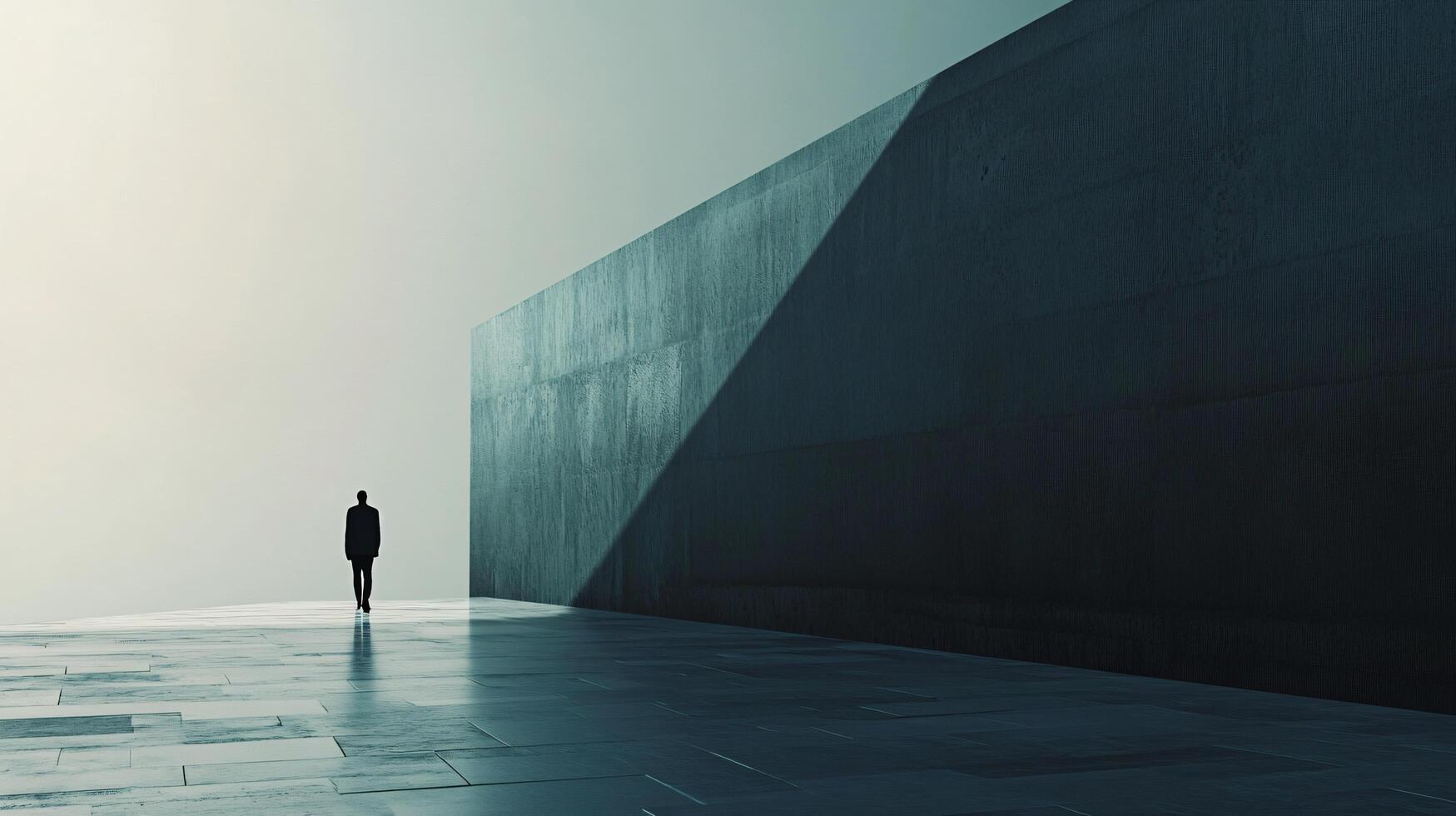 Businessman walking towards big concrete wall in mysterious empty space photo