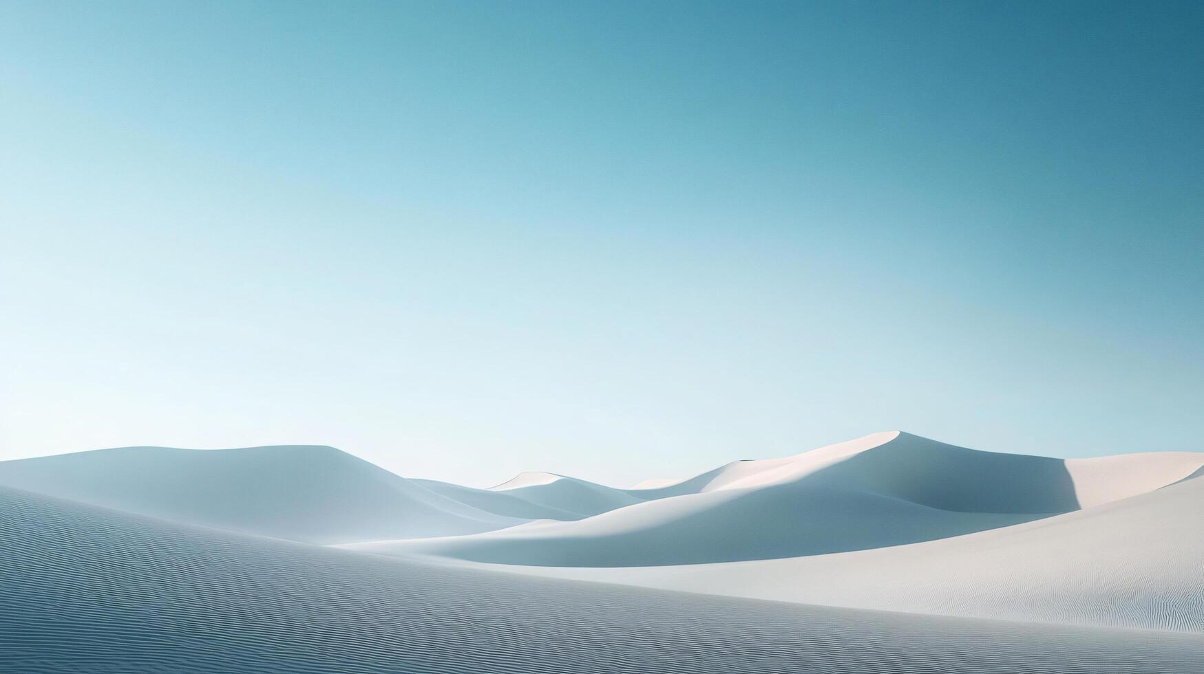 Minimalist desert landscape with rolling sand dunes under a vast, clear blue sky, creating a serene and endless vista photo