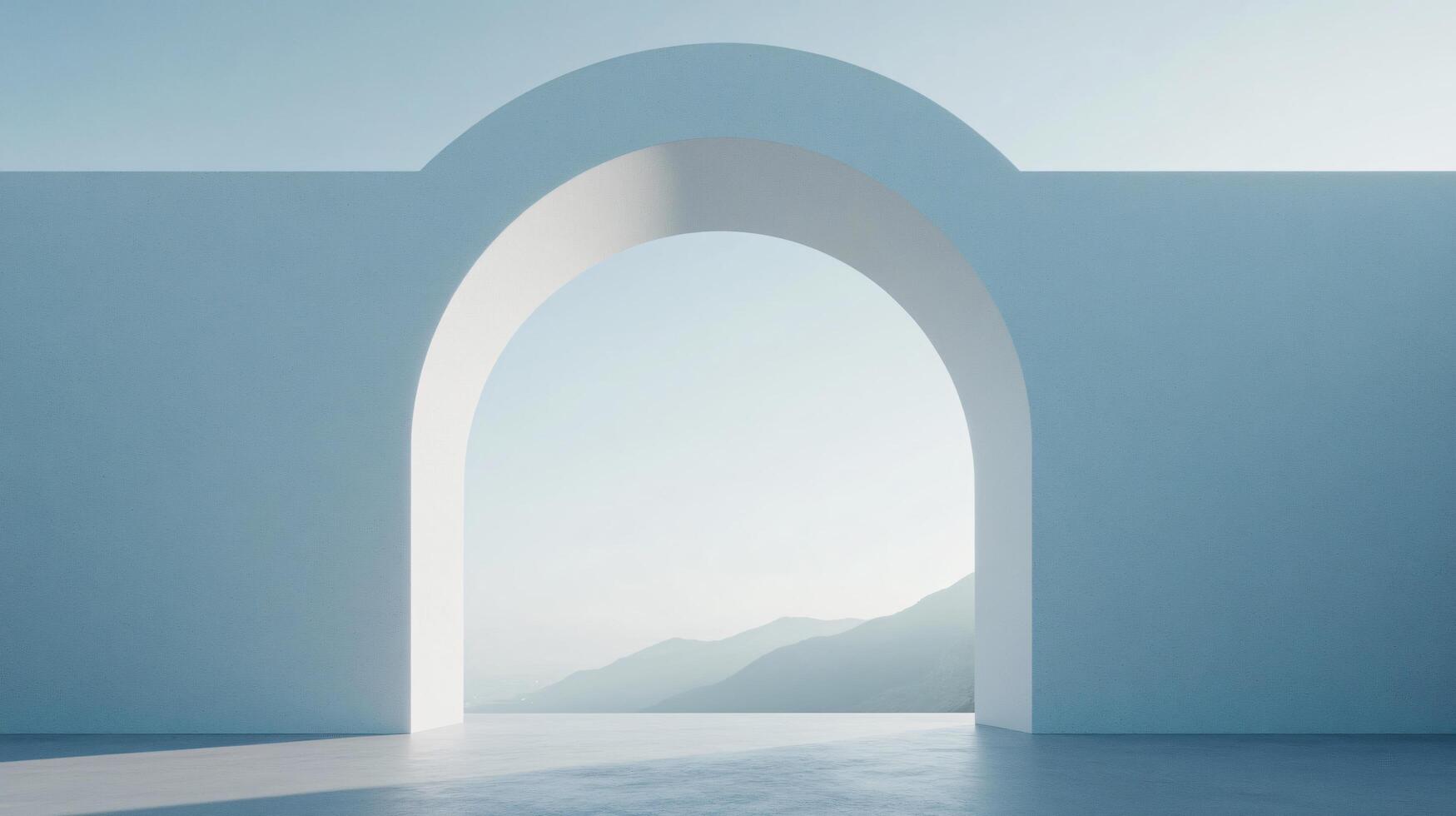 Minimalist white arch framing a breathtaking sunrise over a serene mountain range, showcasing modern architecture and design photo