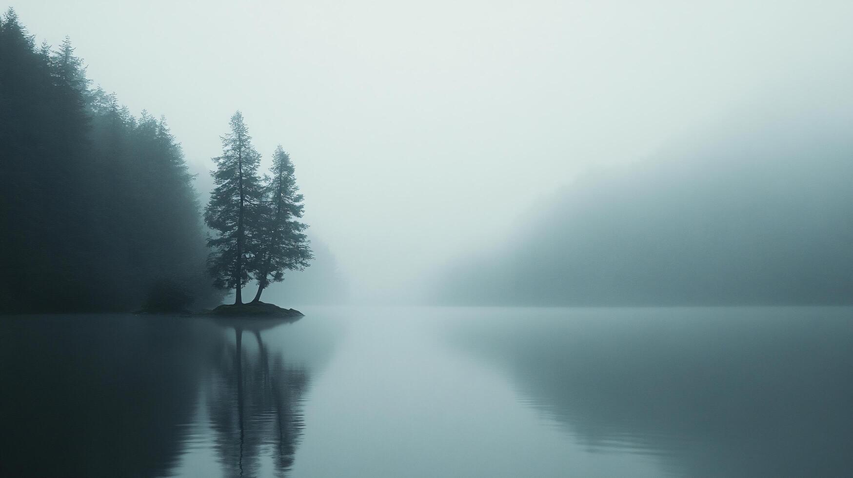 Atmospheric landscape featuring two pine trees on a small island in a misty lake, reflecting in the calm water during a foggy morning photo