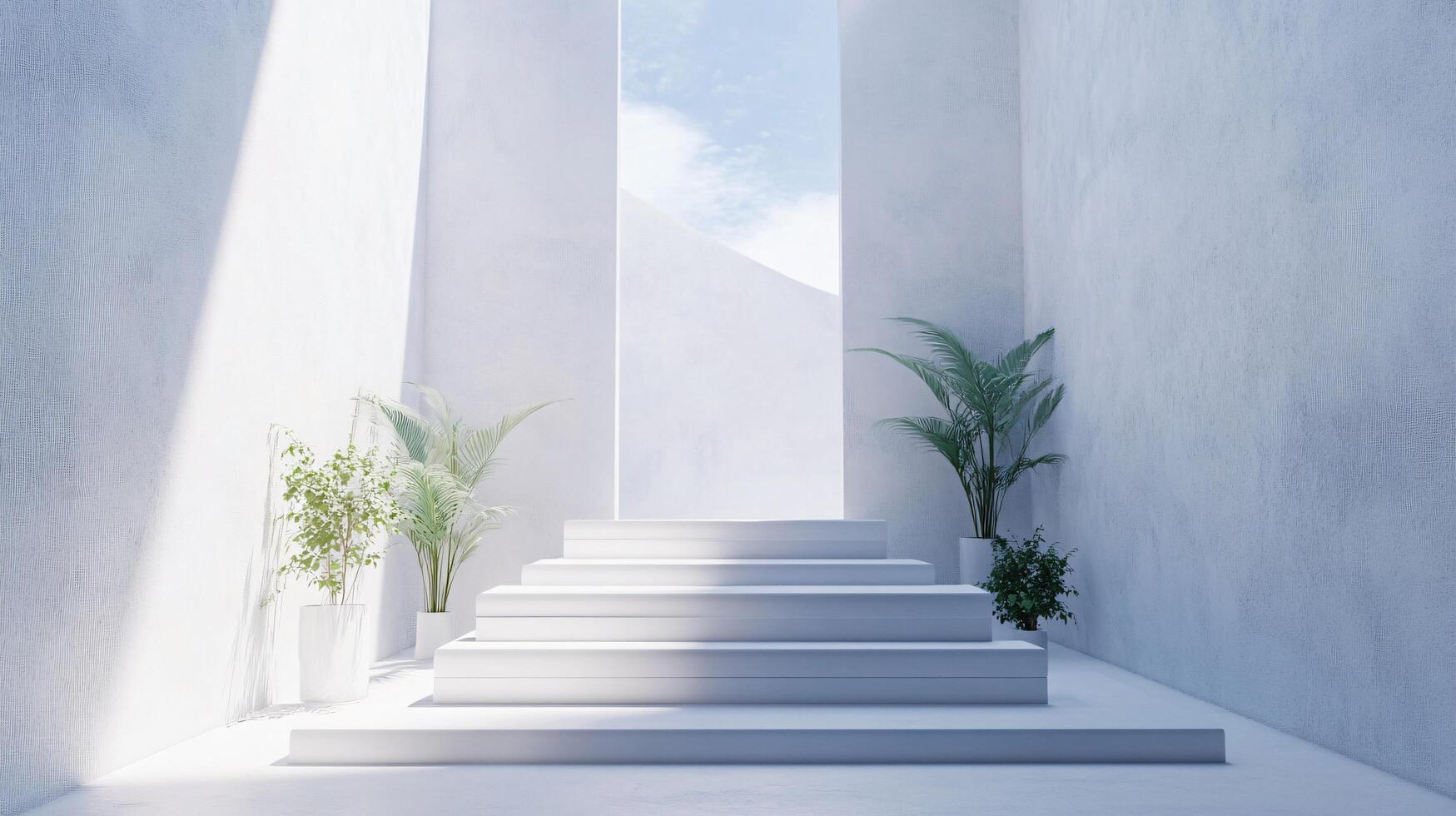 Sunlit white staircase in minimalist architectural space with potted plants, leading to a bright sky view, creating a serene and modern atmosphere photo