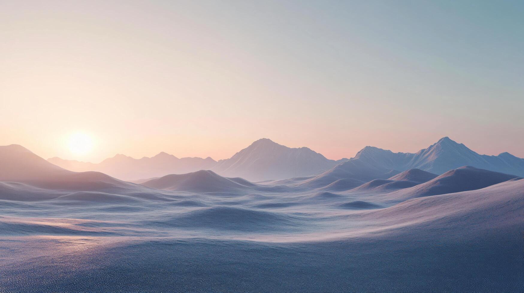 Snow-covered desert with rolling dunes stretches towards majestic mountains at sunset, bathed in warm, inviting light photo