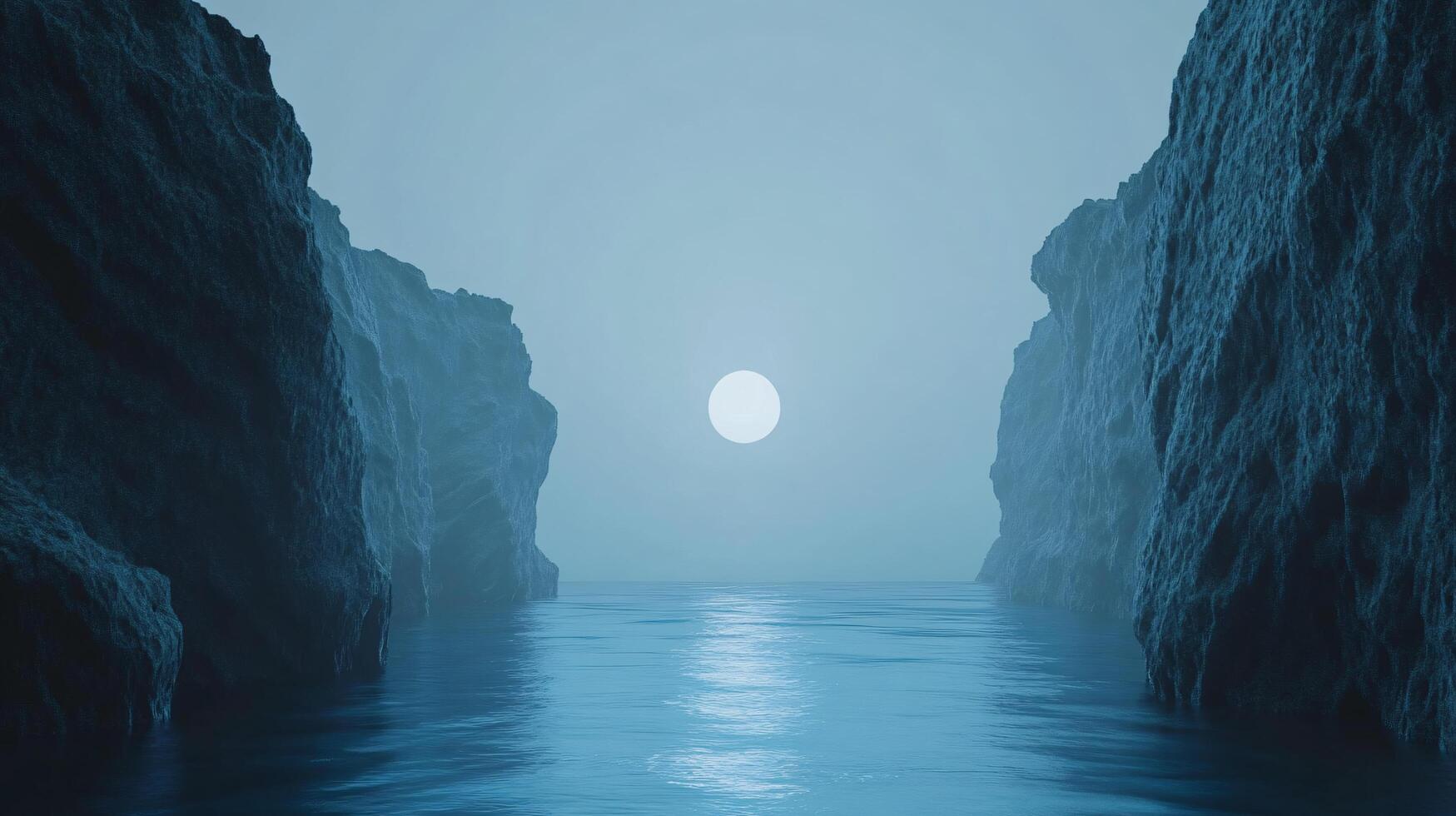 Serene landscape featuring a full moon illuminating calm water between towering cliffs shrouded in mist, creating a tranquil and mystical ambiance photo