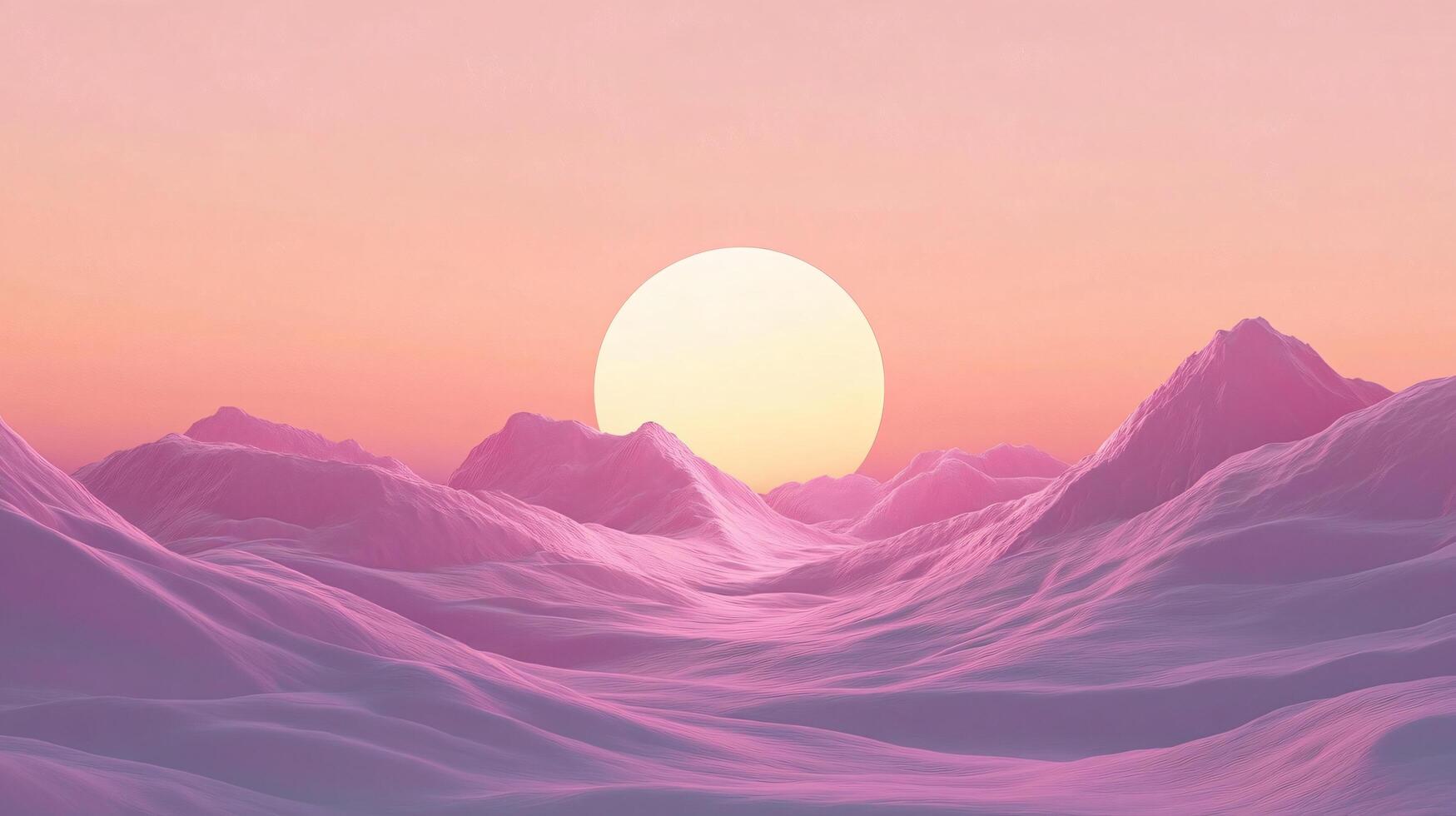 Synthwave themed landscape with pink mountains and a large sun shining over them photo