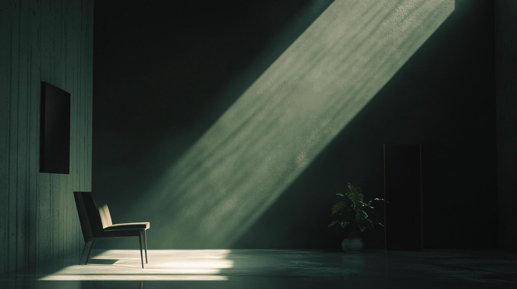 Waiting room with a chair illuminated by a sunbeam entering from a window, with a blank frame on the wall, a plant, and a door photo