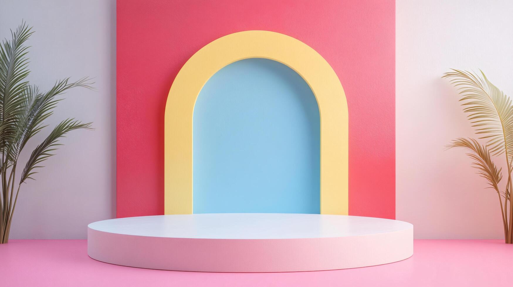 Pink and yellow arch framing light blue wall with empty podium and tropical plants, perfect for placing products or advertising photo