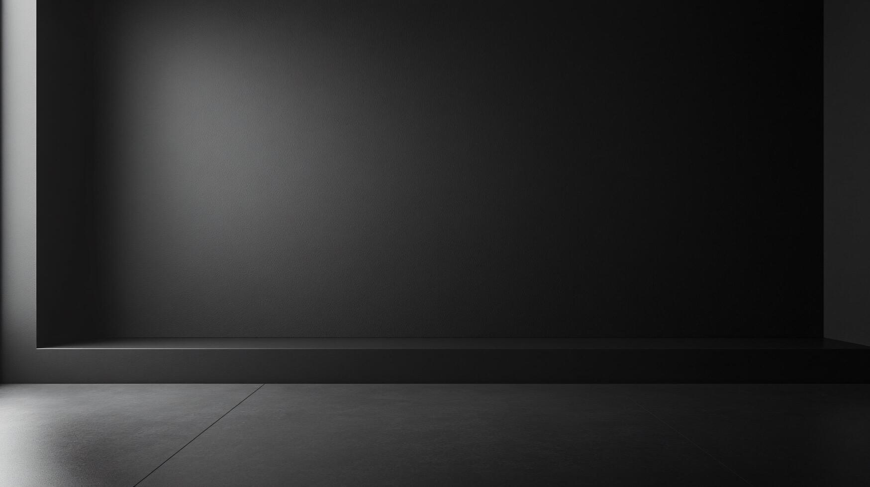 Minimalist black room featuring a platform and dramatic light beam, ideal for showcasing products photo
