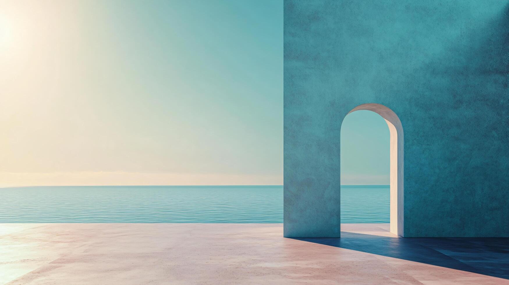 Minimalist concrete wall with arch opening framing a serene ocean view at sunrise, evoking tranquility and architectural simplicity photo