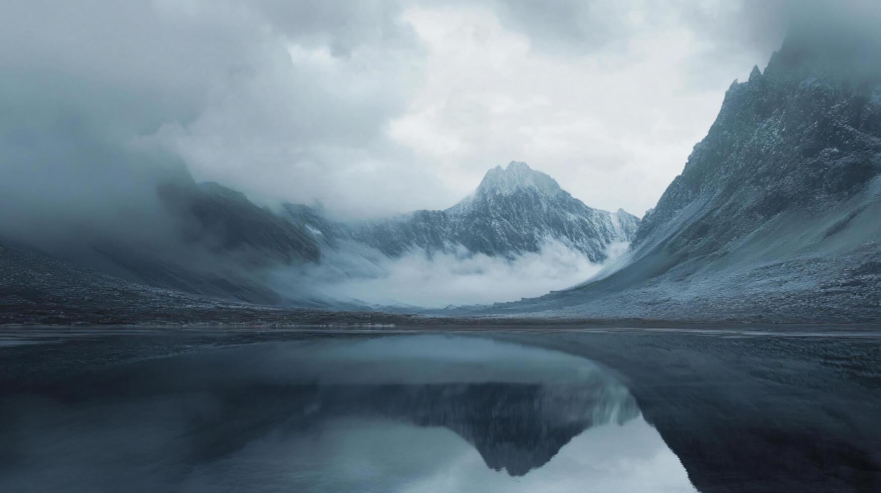 Serene landscape featuring snow-capped mountain peaks reflected in a calm lake under a dramatic cloudy sky photo