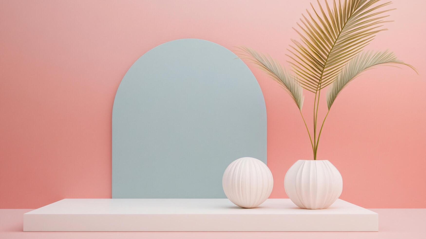 Minimalist product display podium showcasing white vases and dried palm leaves, creating a stylish and modern presentation space photo