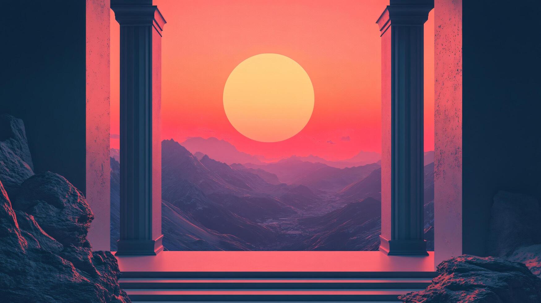 Stone columns frame a breathtaking sunset over a vast mountain range, creating a serene and awe-inspiring scene photo