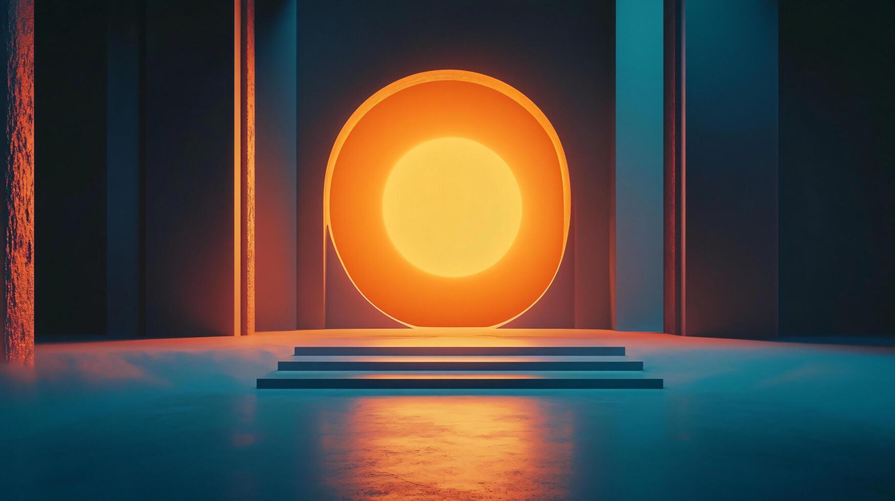 Bright orange light behind circular opening illuminating modern abstract architecture photo