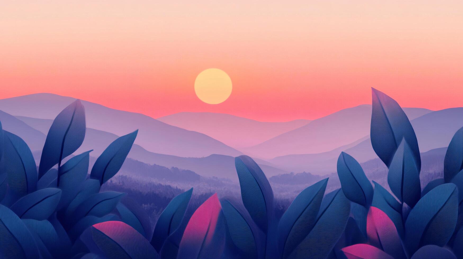 Stylized plants frame a beautiful sunset over rolling hills, creating a peaceful and serene landscape photo