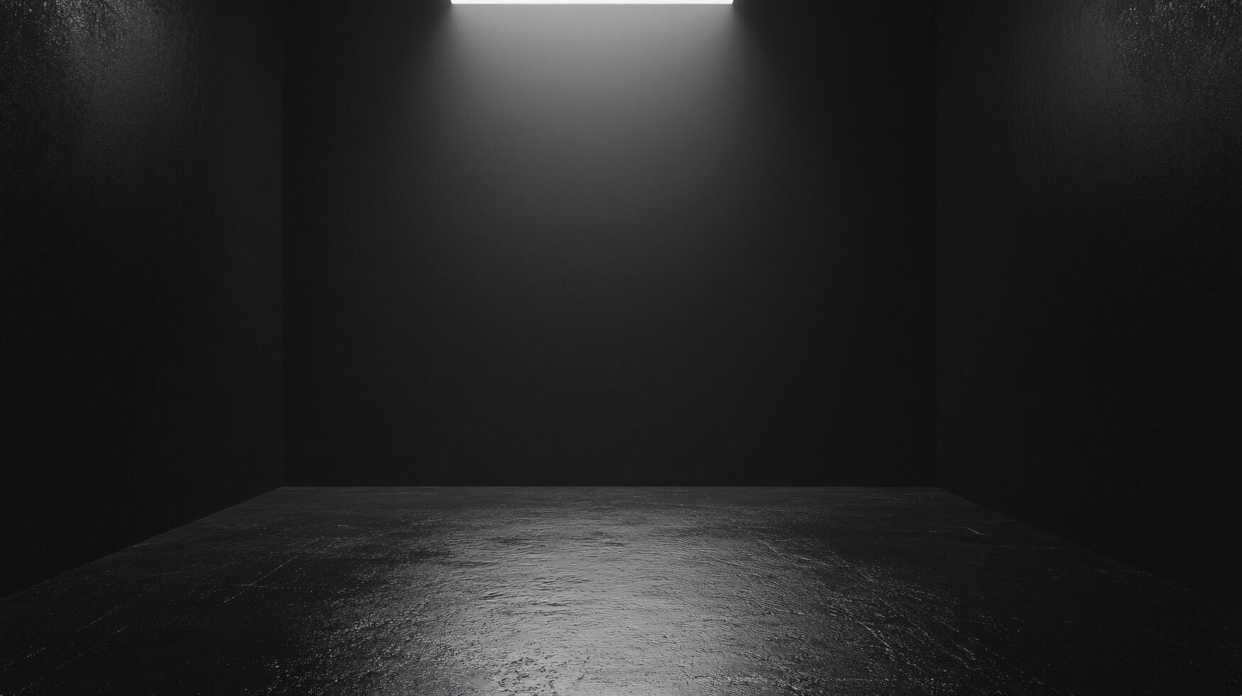 Empty black room with concrete floor and light beam shining down, perfect for displaying products or creating a dramatic atmosphere photo