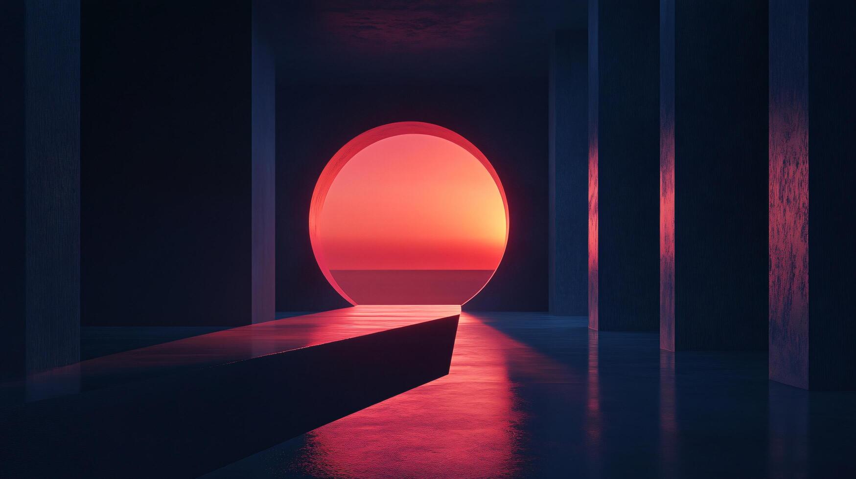 Abstract 3d rendering of an empty room with a podium and a circular window revealing a breathtaking ocean sunset photo