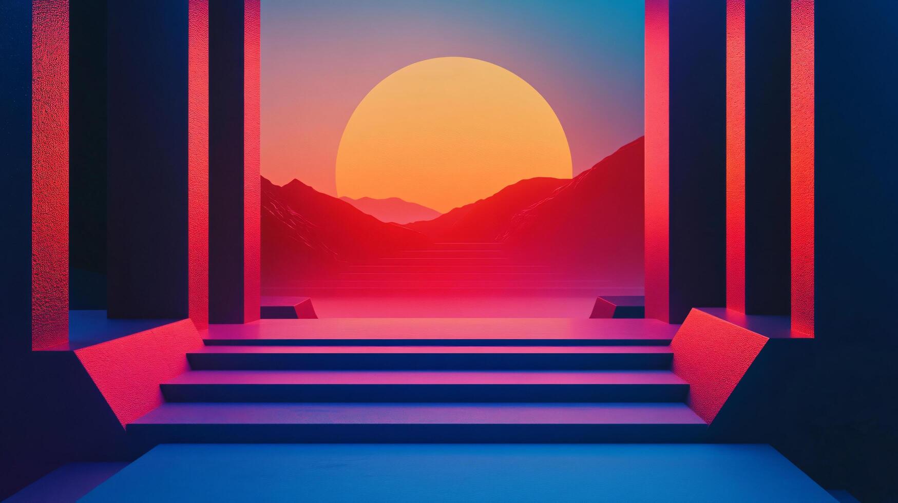 Geometric podium with stairs inside a futuristic building with columns, overlooking a synthwave sunset over the mountains photo