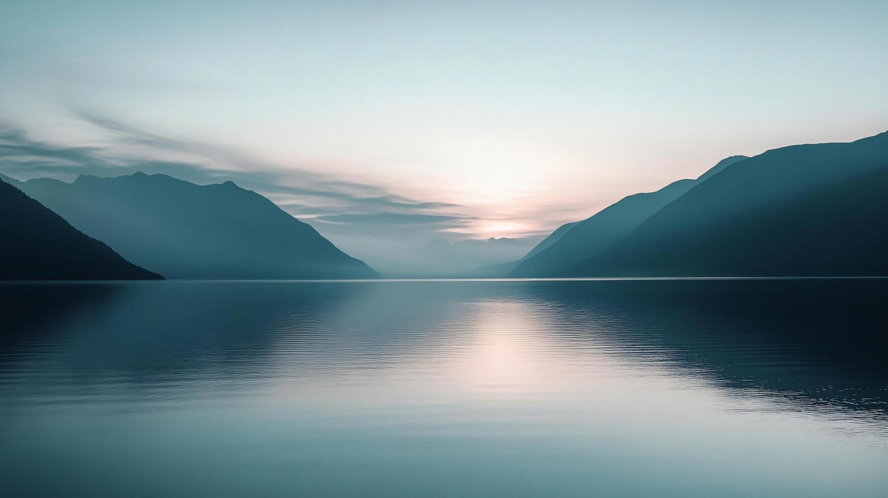 Calm lake water reflecting soft morning sunlight with misty mountains in the background photo