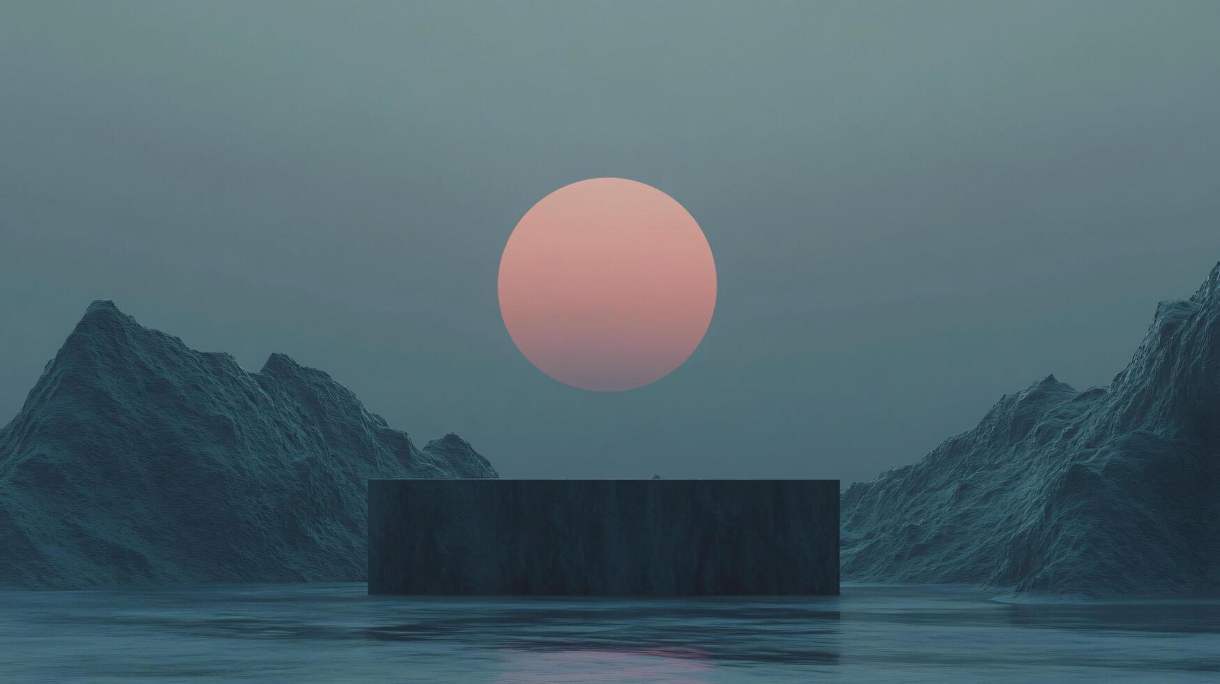 Surreal landscape with empty black podium floating on water with big pink sun and mountains at dusk photo