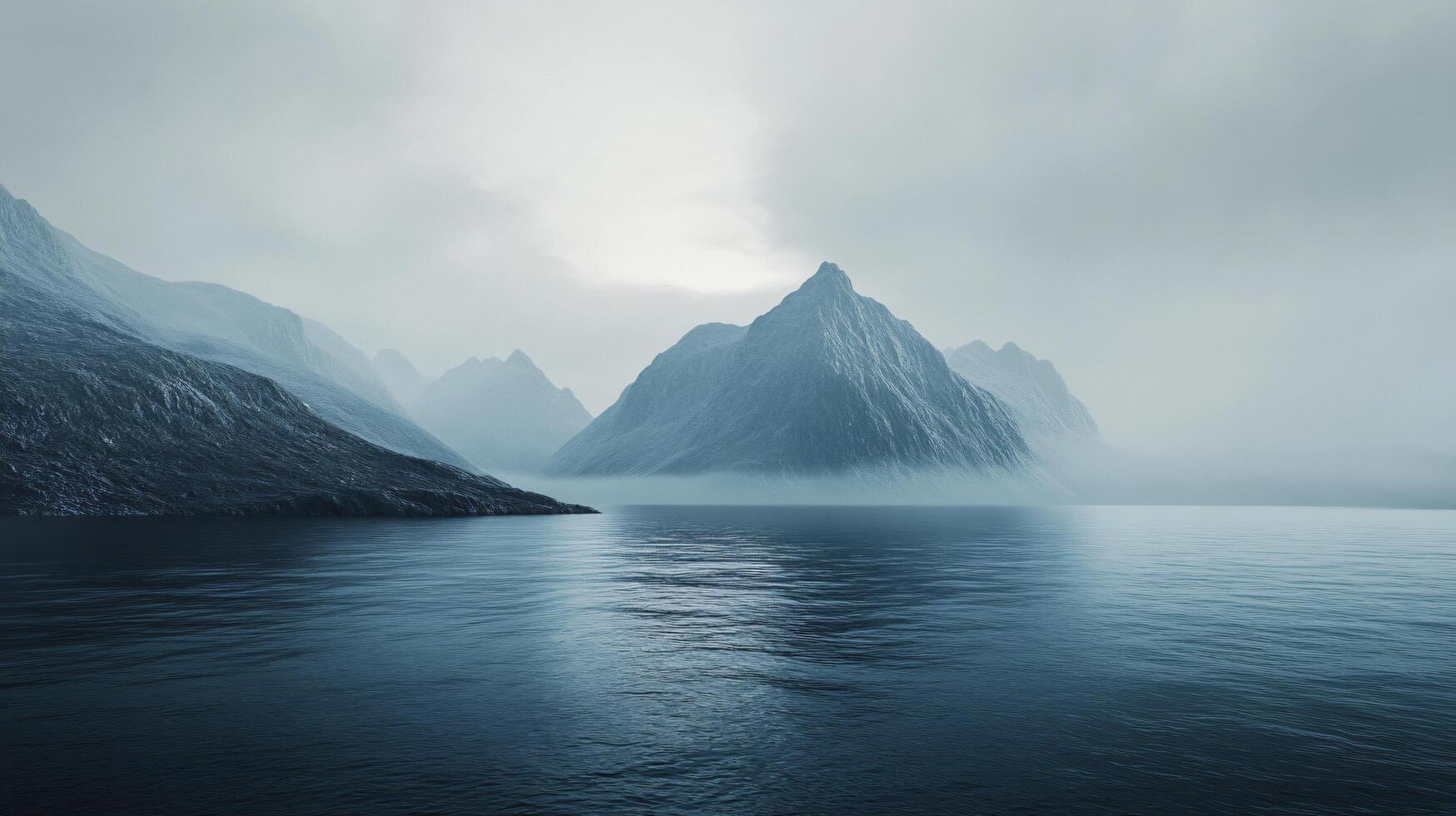 Low fog covering mountains and calm blue water in a mysterious landscape photo