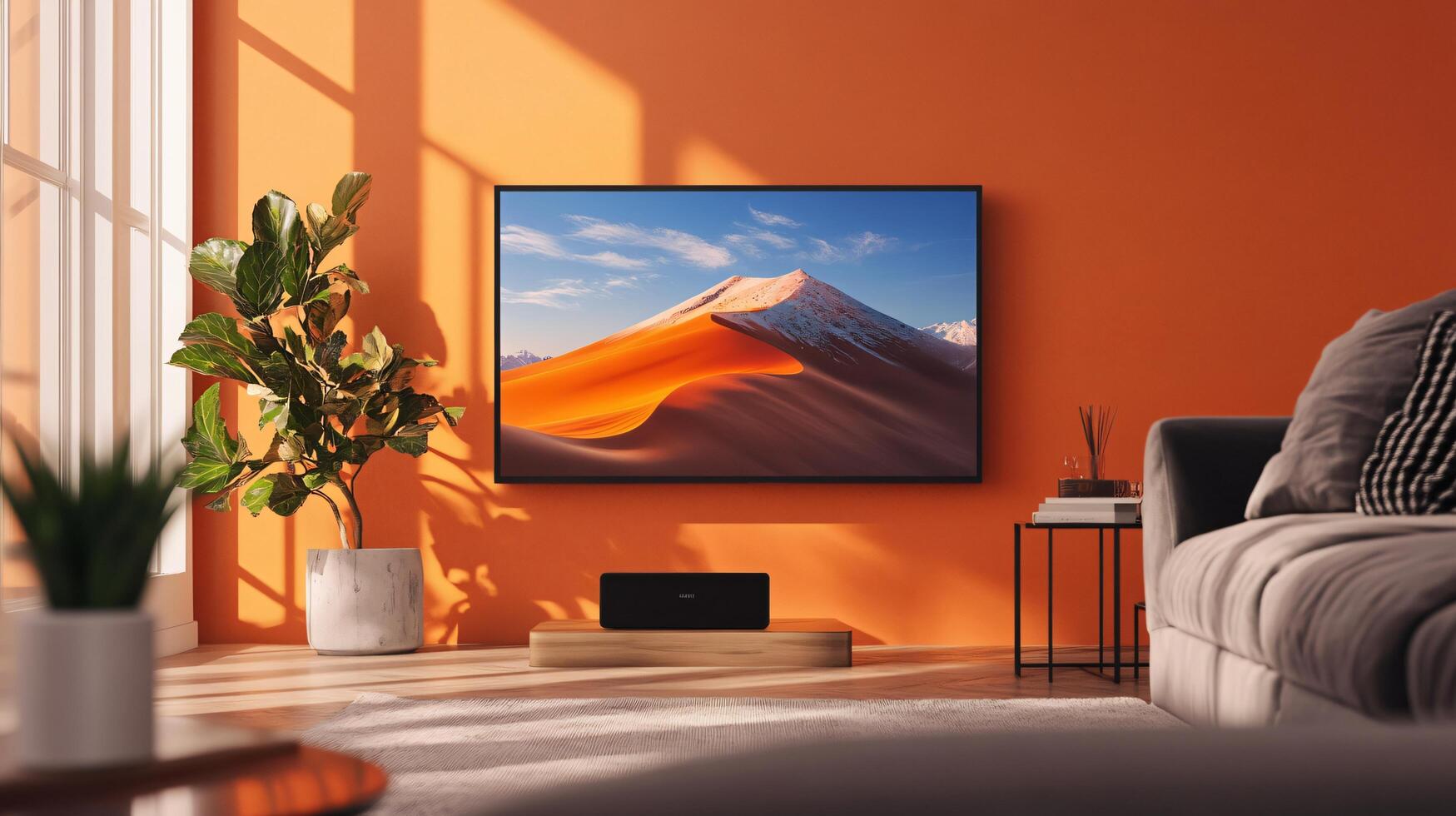 Stylish living room interior featuring large screen tv displaying a captivating desert landscape, creating a relaxing and immersive home entertainment experience photo