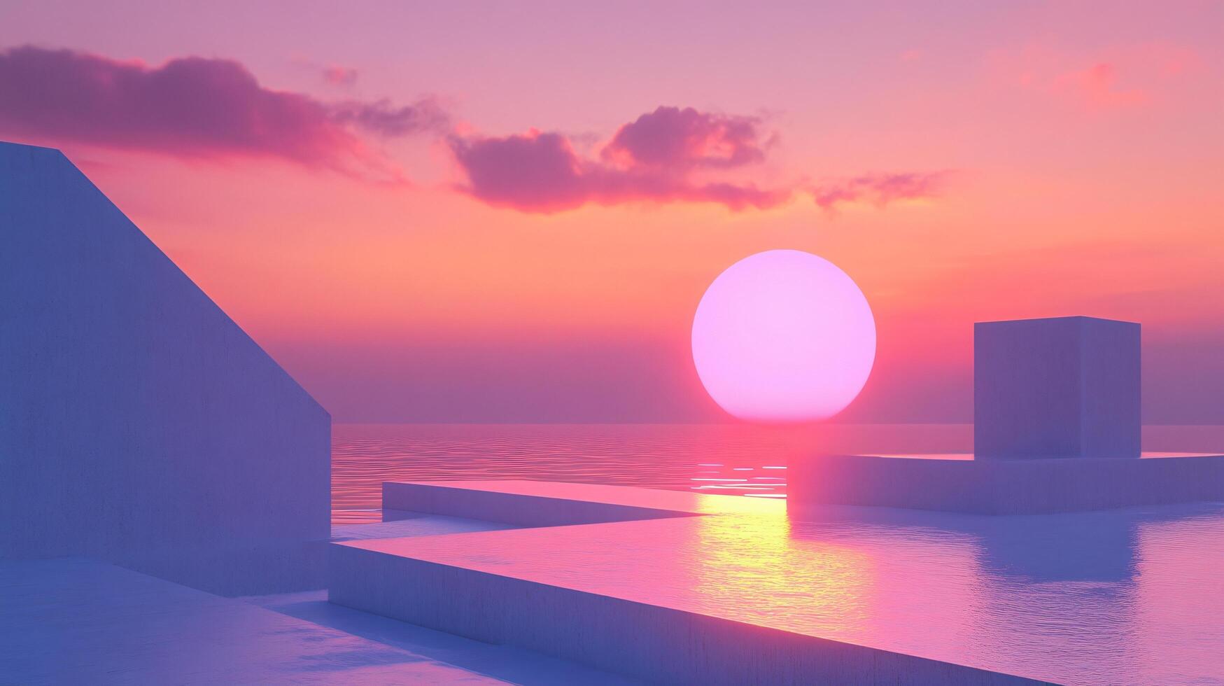 Abstract 3d rendering of a pink sunset over a seascape with geometric shapes reflecting on the water photo