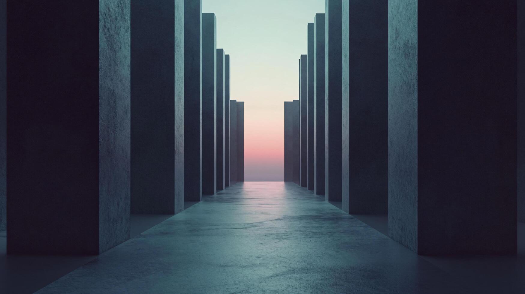 Concrete pillars create a mysterious and evocative corridor leading to a vibrant sunset photo
