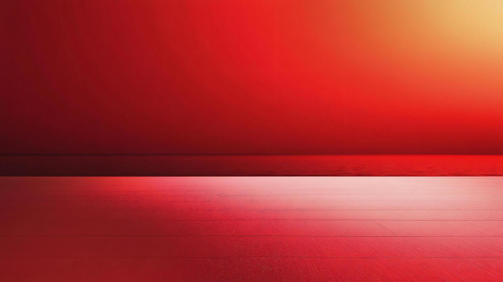 Red wooden floor merging with a red sea under a red sky creating a monochromatic background photo