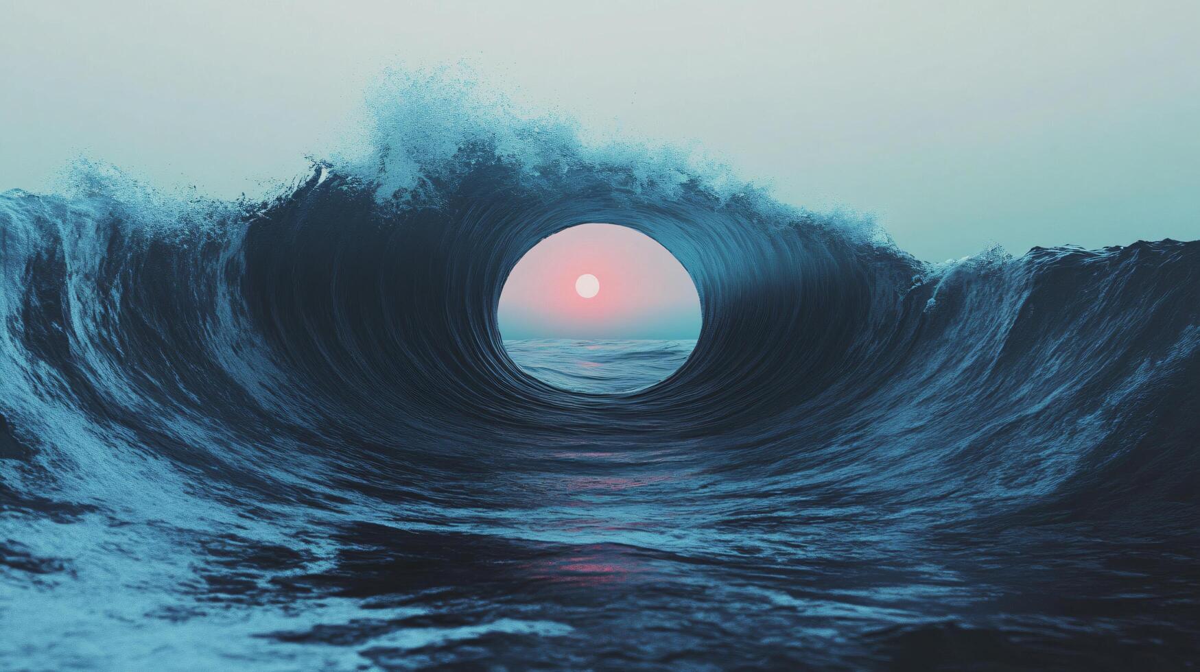 Breaking ocean wave creating a perfect circle framing the setting sun photo