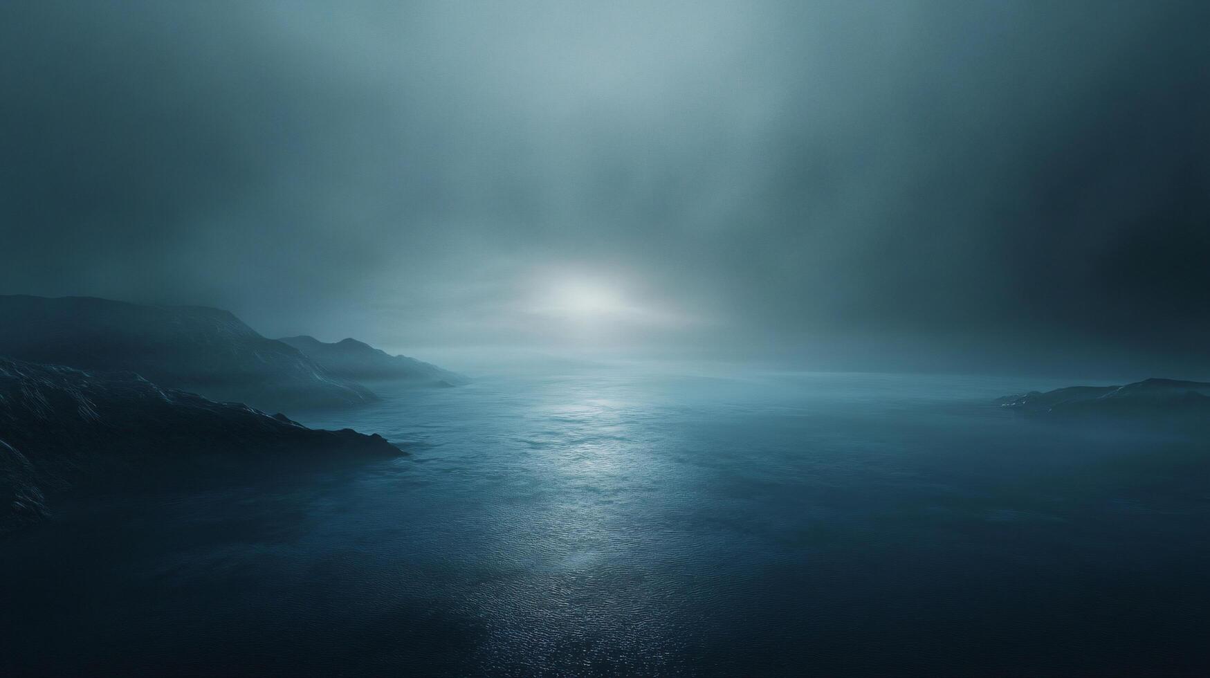 Ethereal moon reflecting on calm ocean at night with fog covering rocky coastline, creating a mysterious and tranquil atmosphere photo