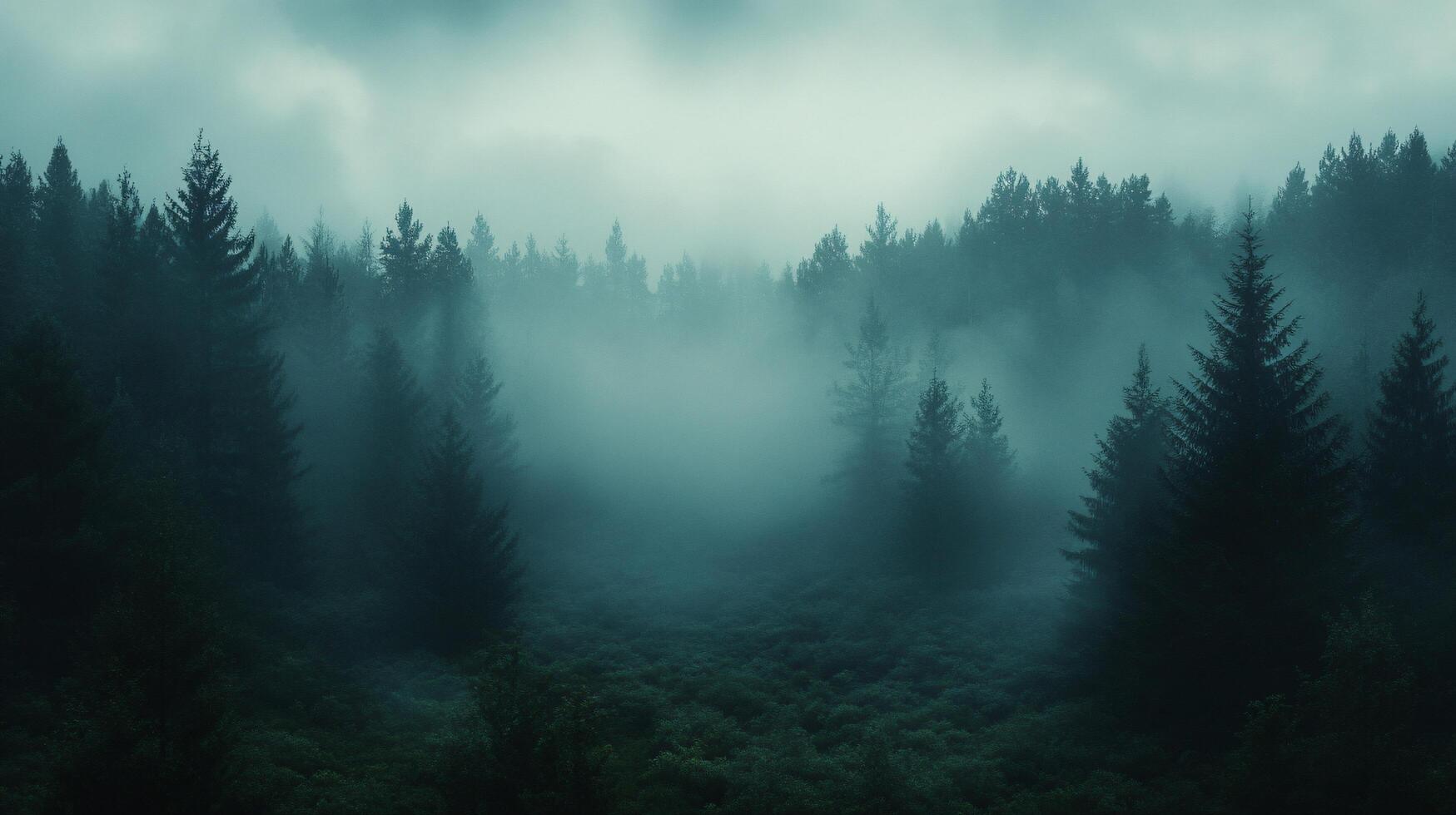 Fog is giving a mysterious atmosphere to a forest of evergreen trees photo