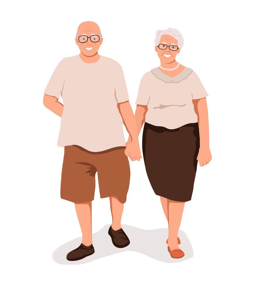 Old senior couple. Mature age couples walk around town. Lovers of older generations. Elder aged spouse, gray-haired husband and wife in glasses. Illustration vector