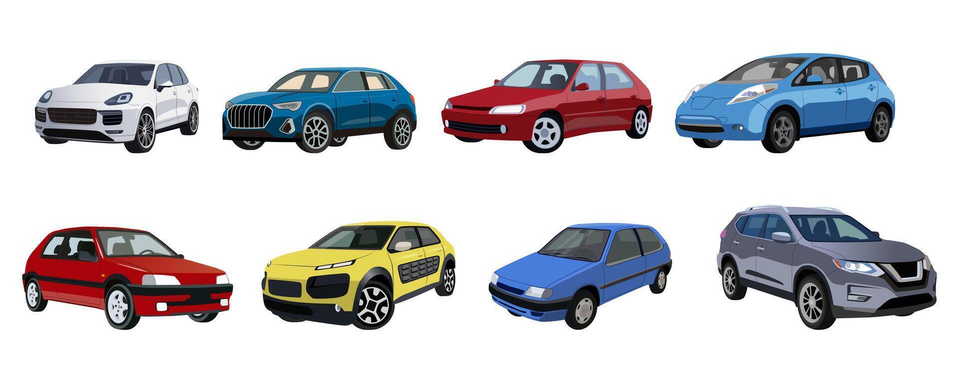 Passenger cars set. Modern automobiles of different body type. Wheeled motor transport designs, sedan, hatchback. illustration isolated on white background vector