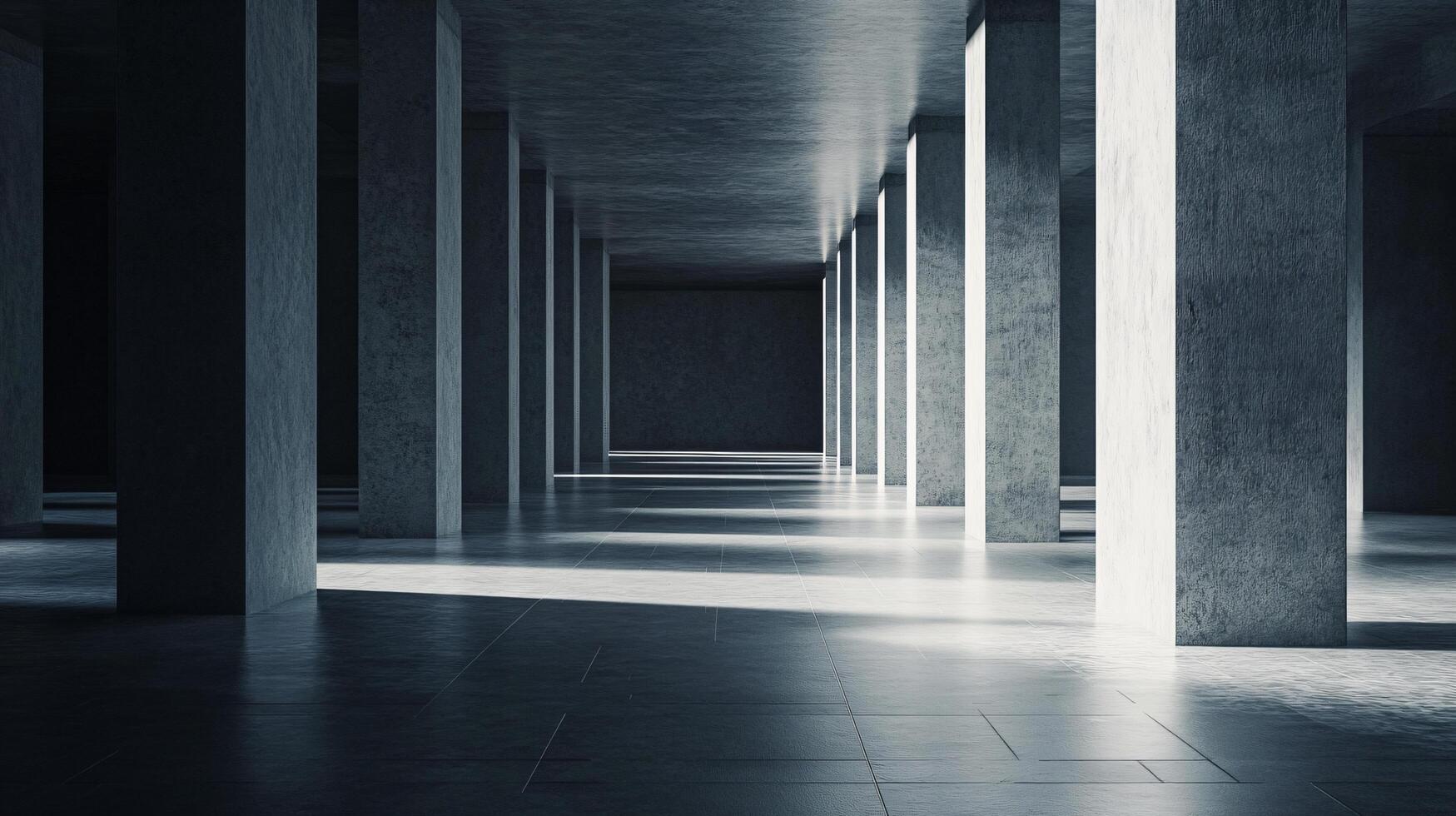 Empty modern concrete corridor with pillars and sunlight illuminating the floor photo
