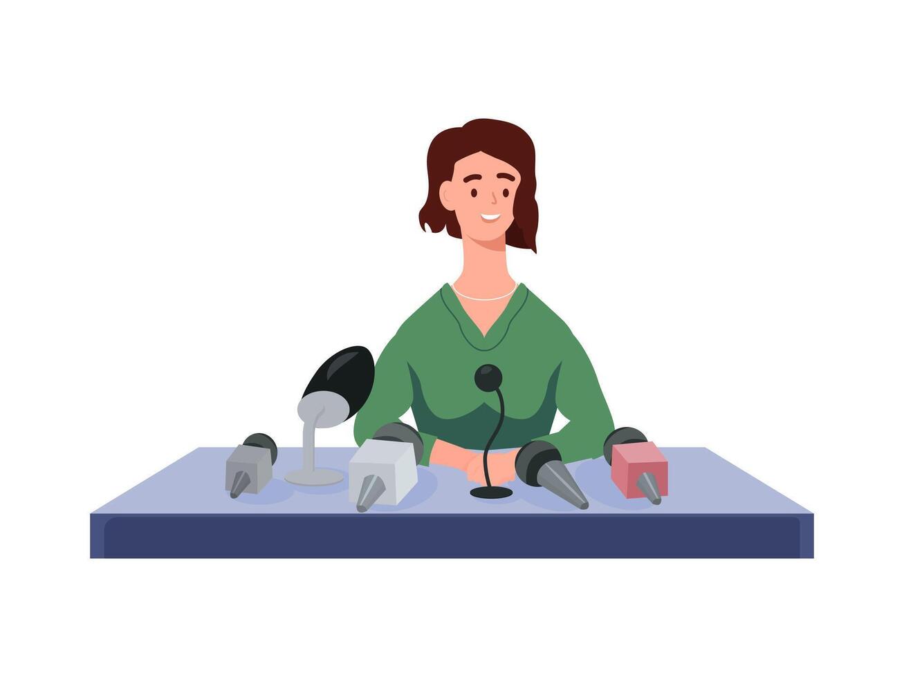 Girl speaking at public. Woman speaker at press conference table, giving information, commentin microphones at desk. illustration isolated on white background vector