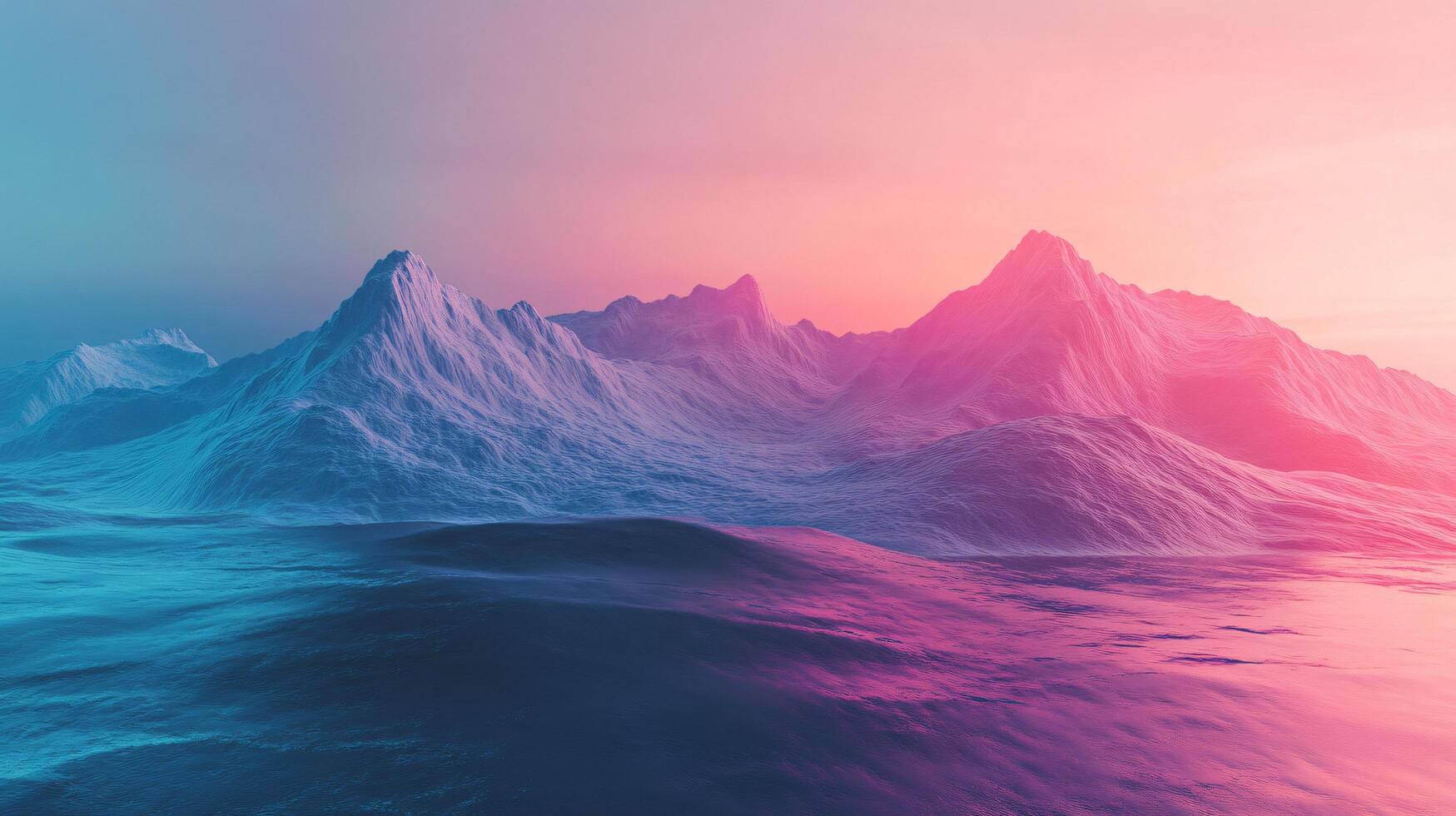Snow-capped mountains reflecting in a vibrant, surreal ocean at sunset, creating a mesmerizing synthwave landscape photo