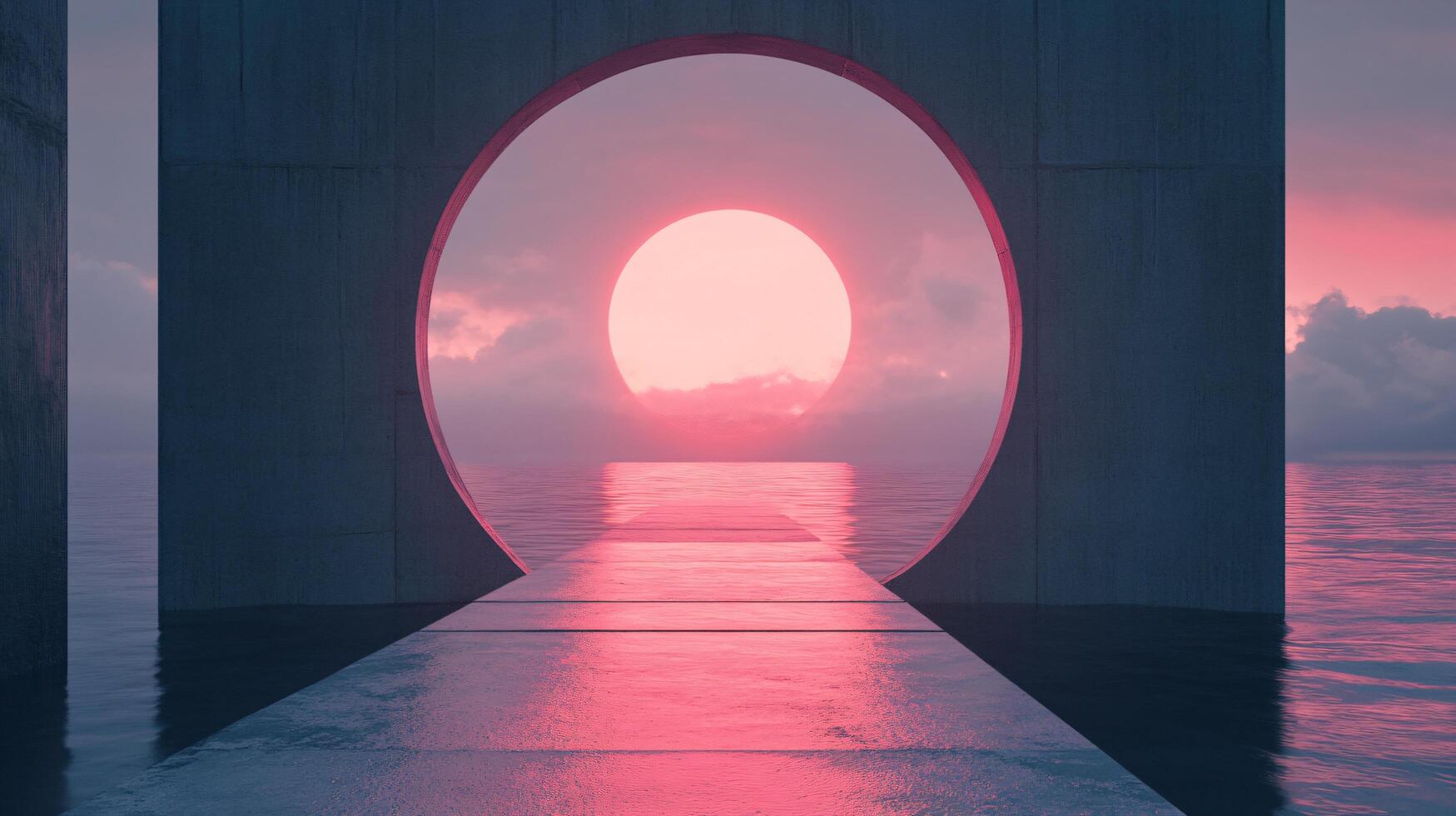 Surreal concrete gate built over the water showing a huge setting pink sun and reflecting on wet pavement photo