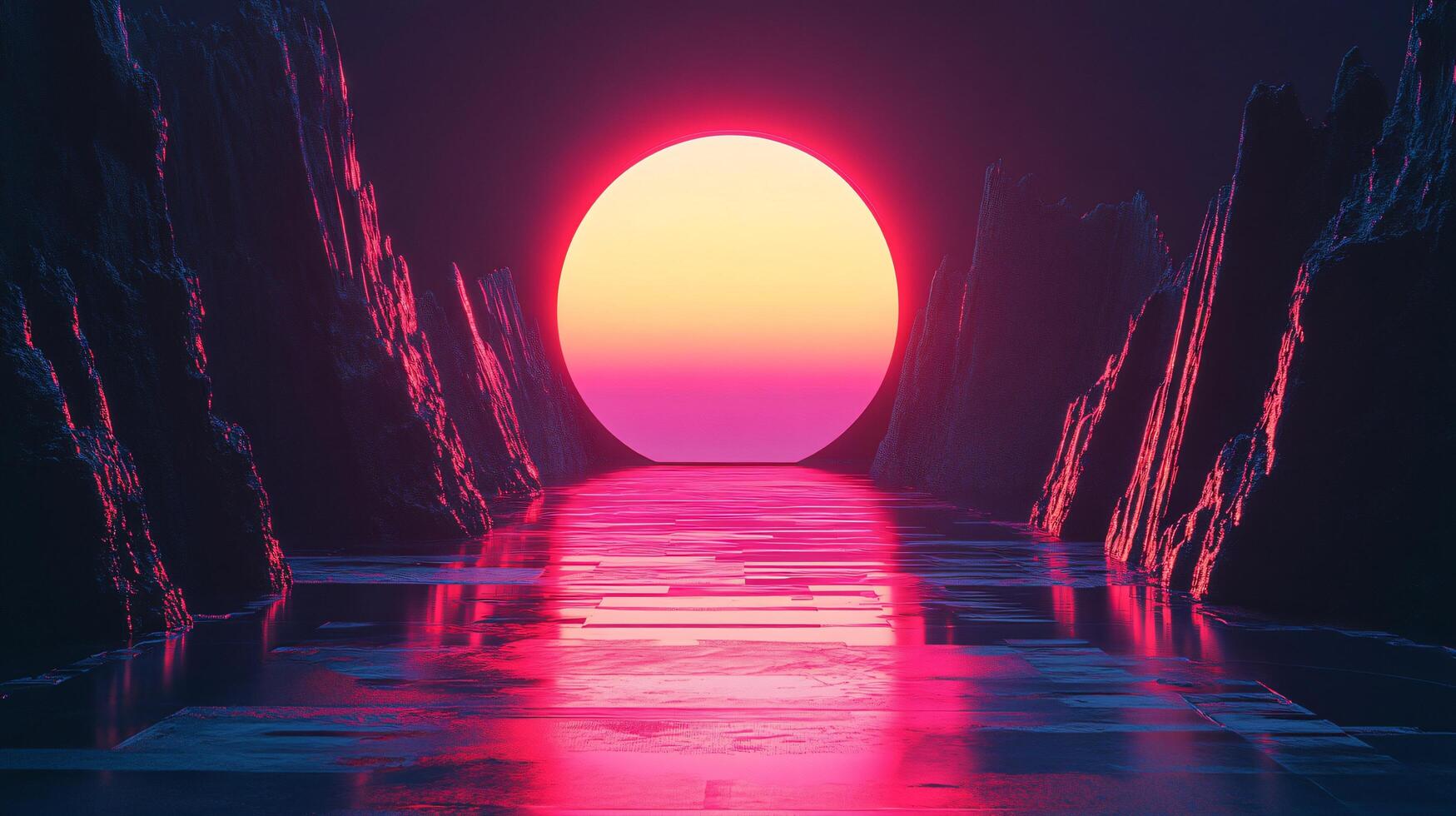 Pink and purple sun setting or rising over water between mountains photo