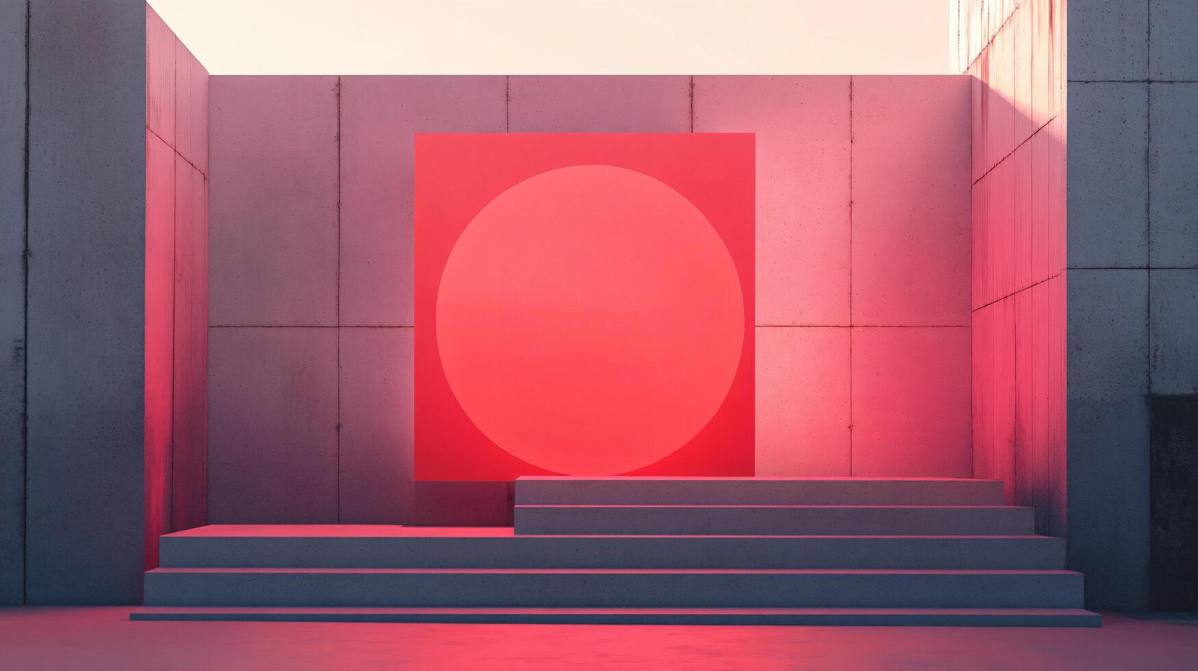 Glowing red circle on a concrete wall illuminates stairs and floor in a modern architectural space photo