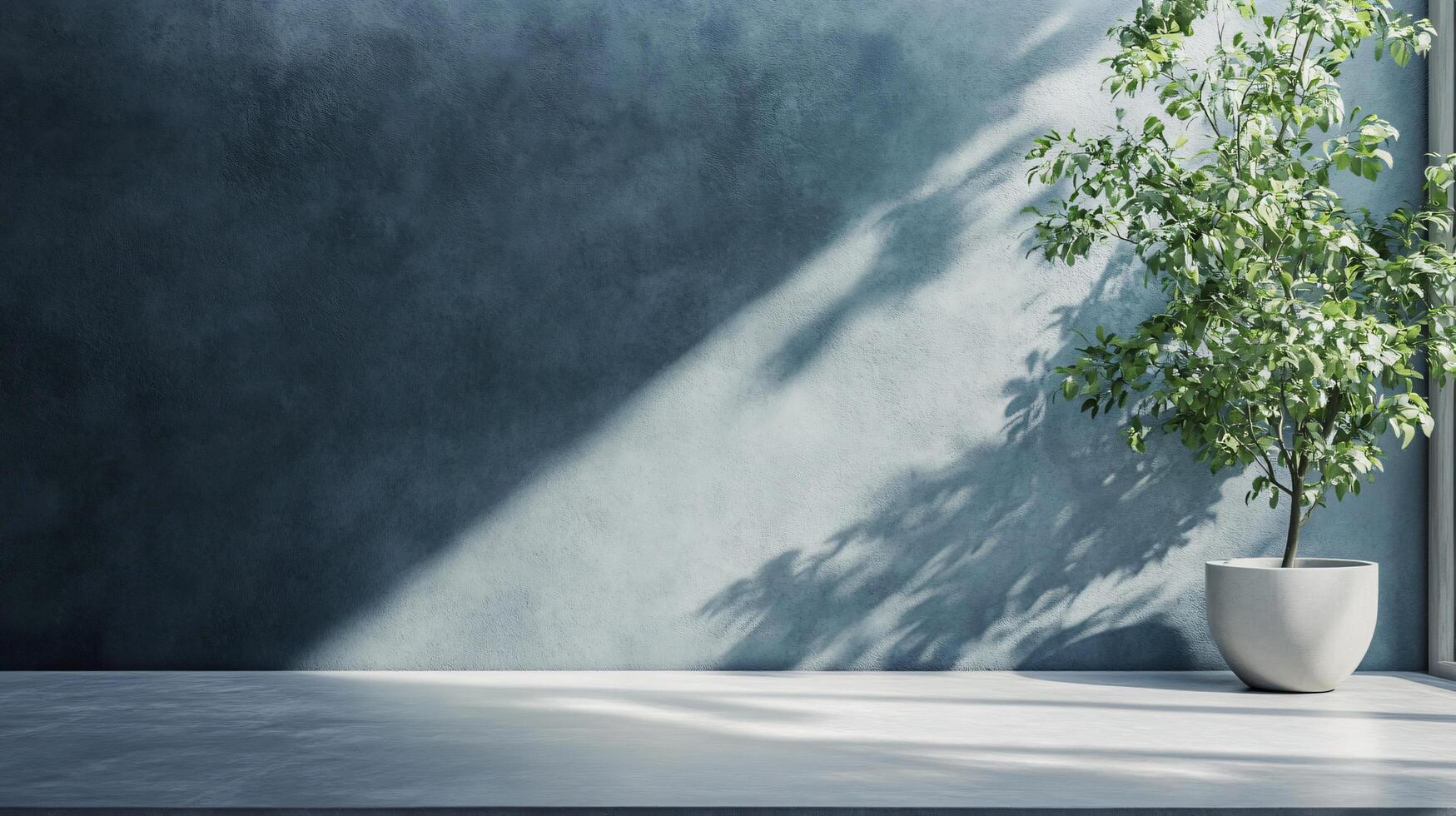 Sunlight casting shadows of potted plant on blue wall with empty shelf, creating peaceful and minimalist interior design photo