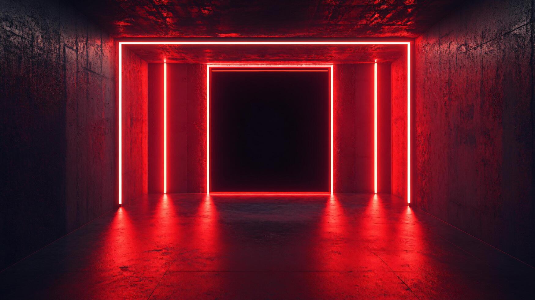 Red neon lights illuminating dark concrete grunge room with empty space photo