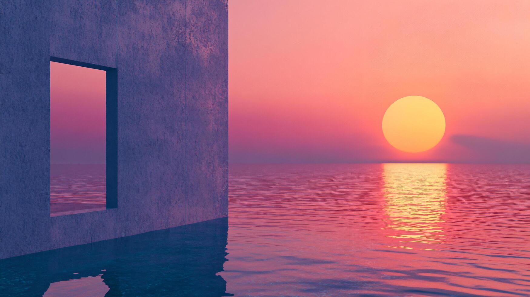 Minimalist seascape with concrete wall and square window framing a vibrant pink sunset over calm ocean photo