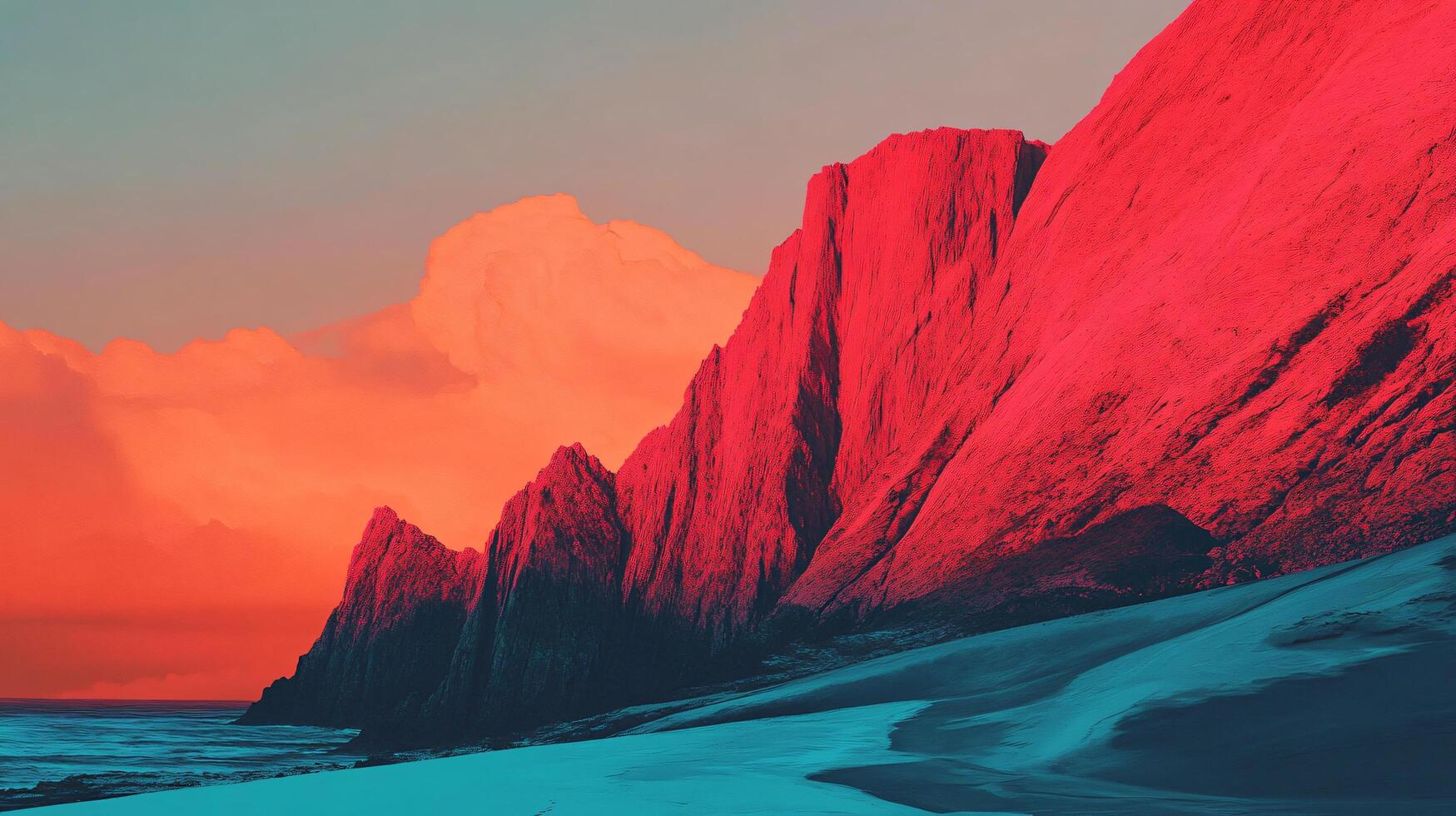 Breathtaking landscape featuring vibrant red mountains juxtaposed against turquoise waters, illuminated by a coral-colored sunset sky photo