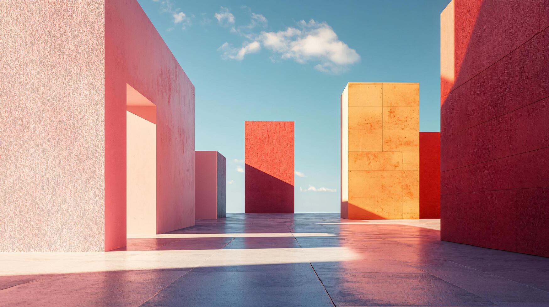 Minimalist abstract architecture featuring vibrant walls under a clear blue sky, creating a striking visual contrast photo