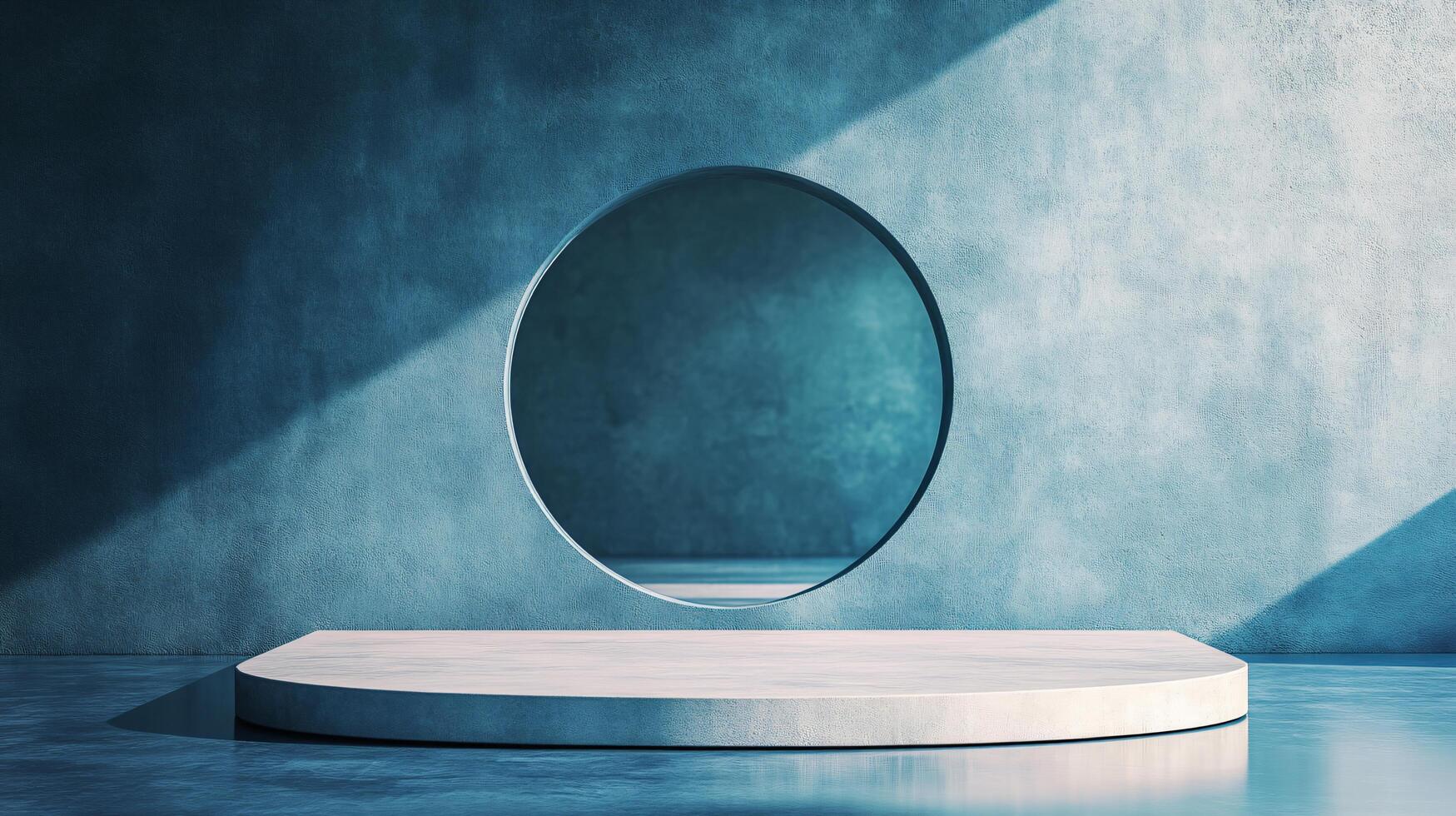 Minimalist white cylinder podium showcasing products on blue concrete wall with round window, creating elegant backdrop for marketing photo