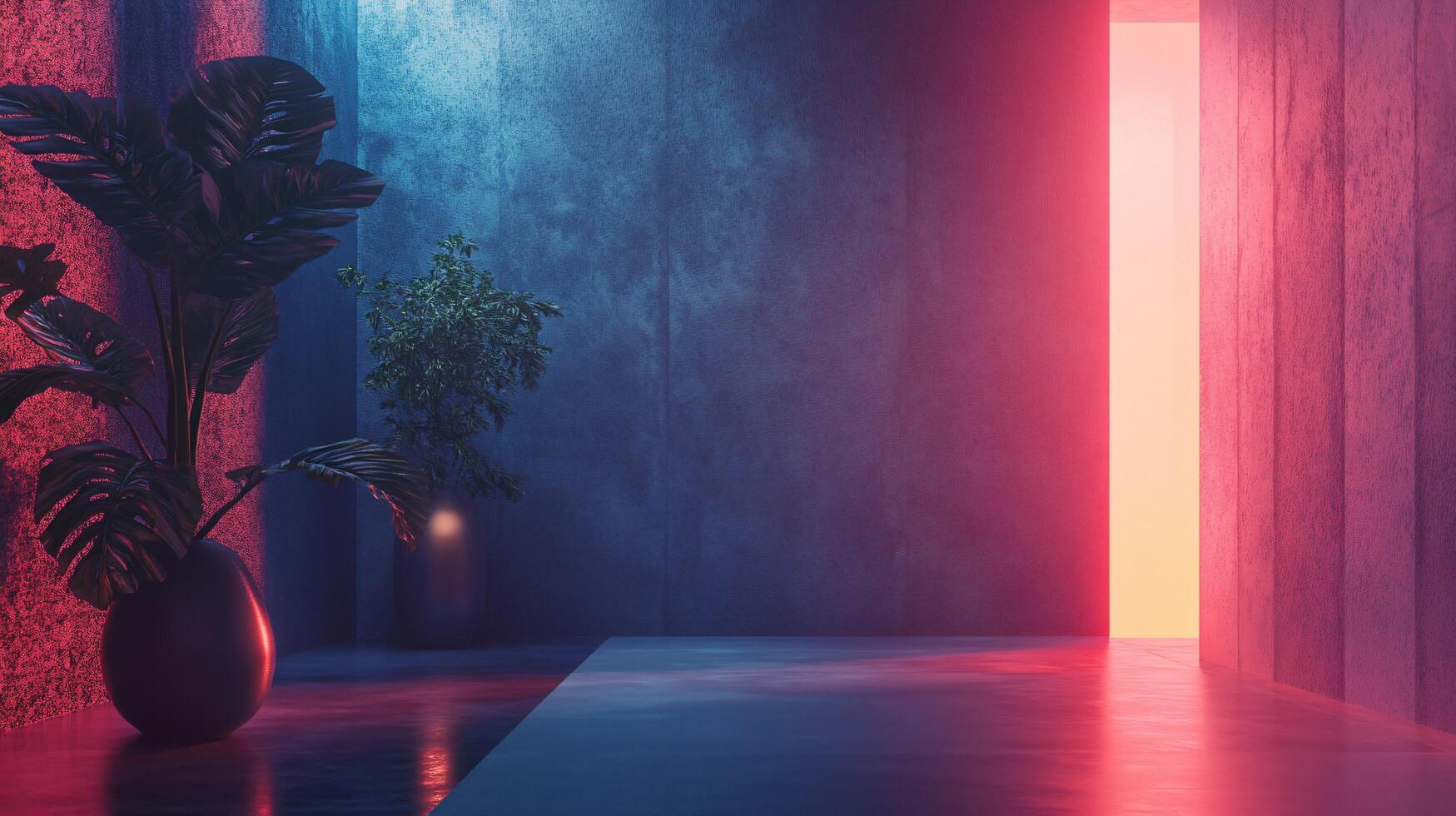Empty concrete room with plants illuminated by neon lights and open door revealing bright light photo