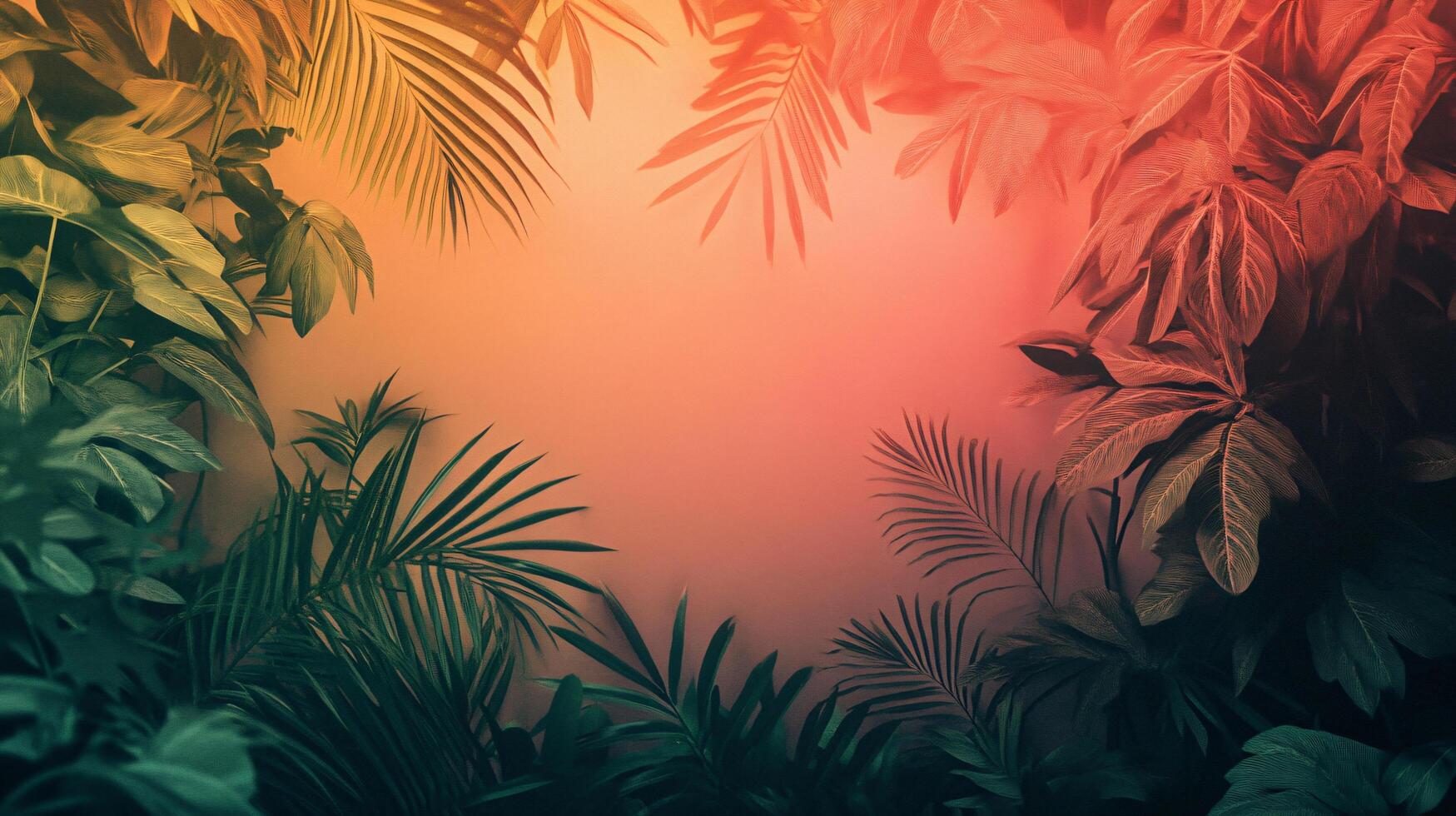 Lush tropical foliage forms a vibrant frame against a warm orange backdrop, creating a captivating jungle atmosphere photo