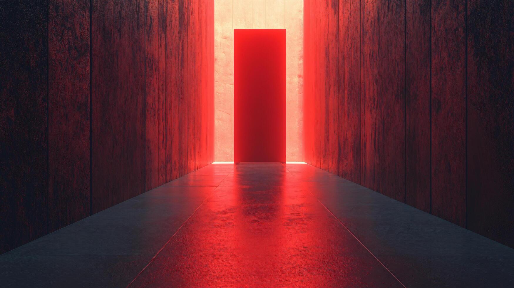 Glowing red light illuminating mysterious corridor with closed door at the end photo