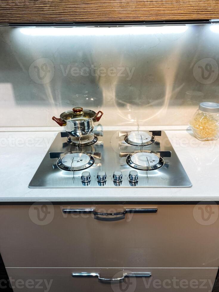 At this moment, a pot is actively cooking on a gas stove positioned in a bustling kitchen, where many cooking tasks are carried out and a variety of delectable meals are expertly prepared photo
